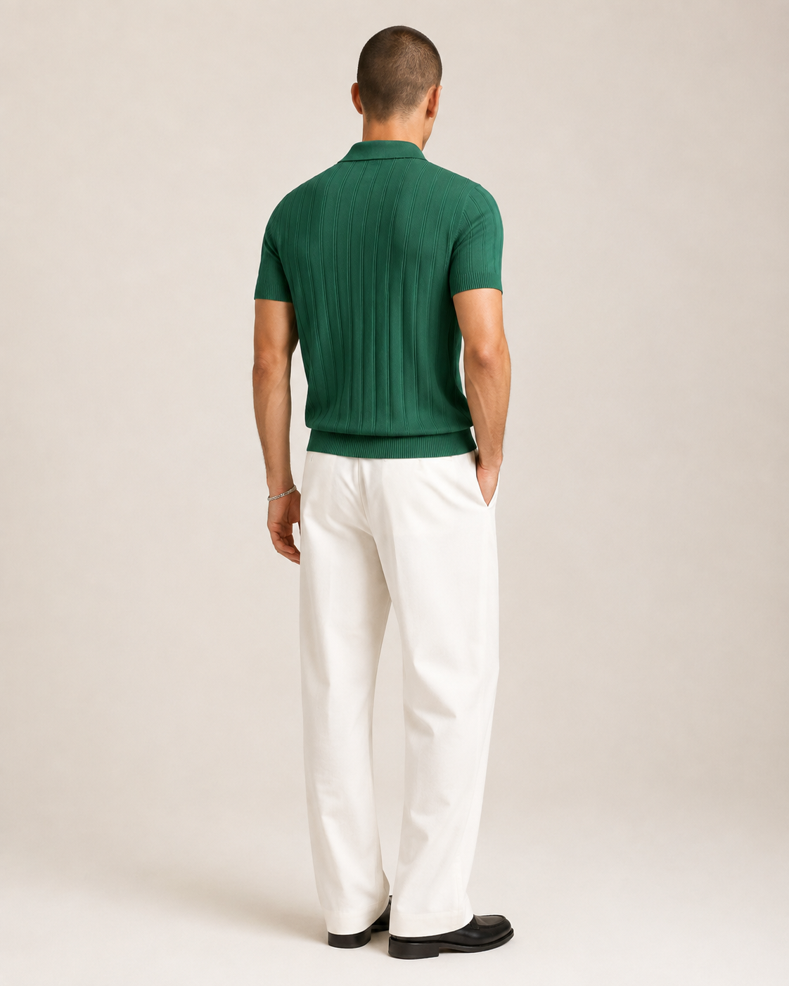 Men’s Ribbed Knit Polo Shirt V-Neck Short Sleeve Top