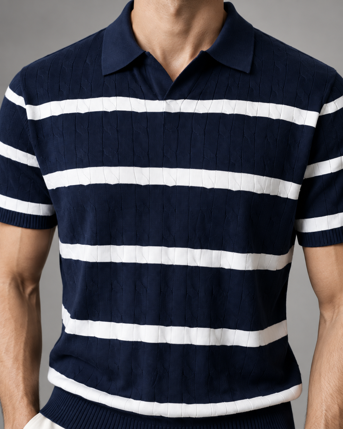 Men’s Old-Money Style Cable-Knit Polo Shirt
