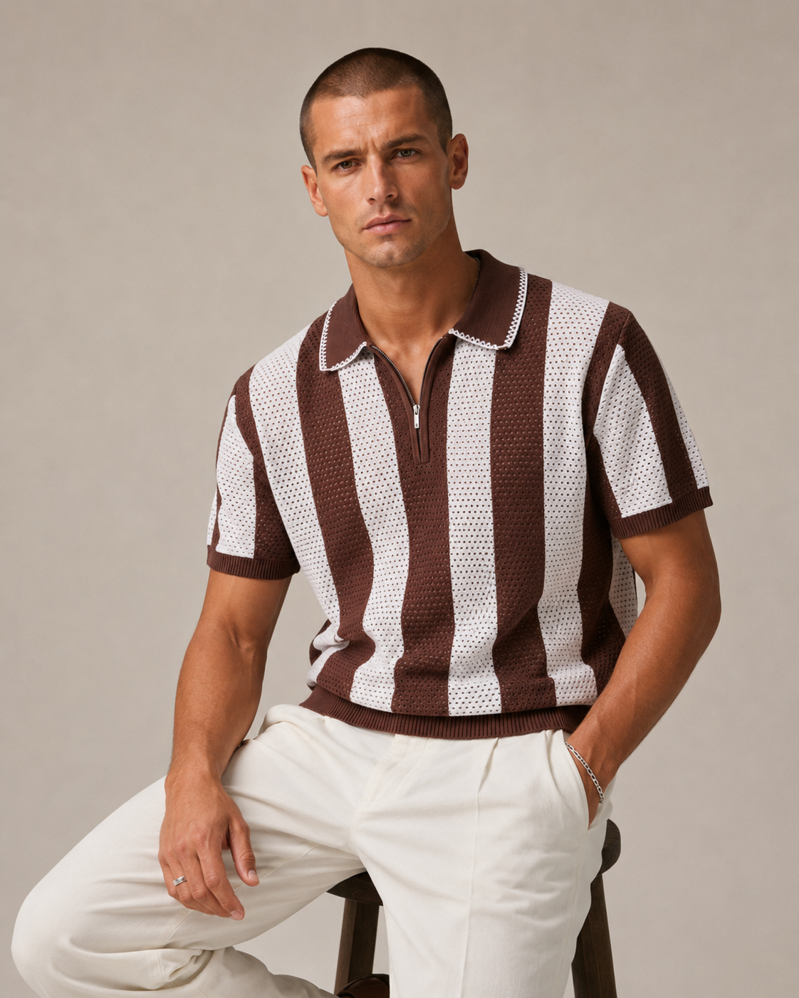 Men’s Cooling Knit Polo Shirt Striped Zip Short Sleeve Top