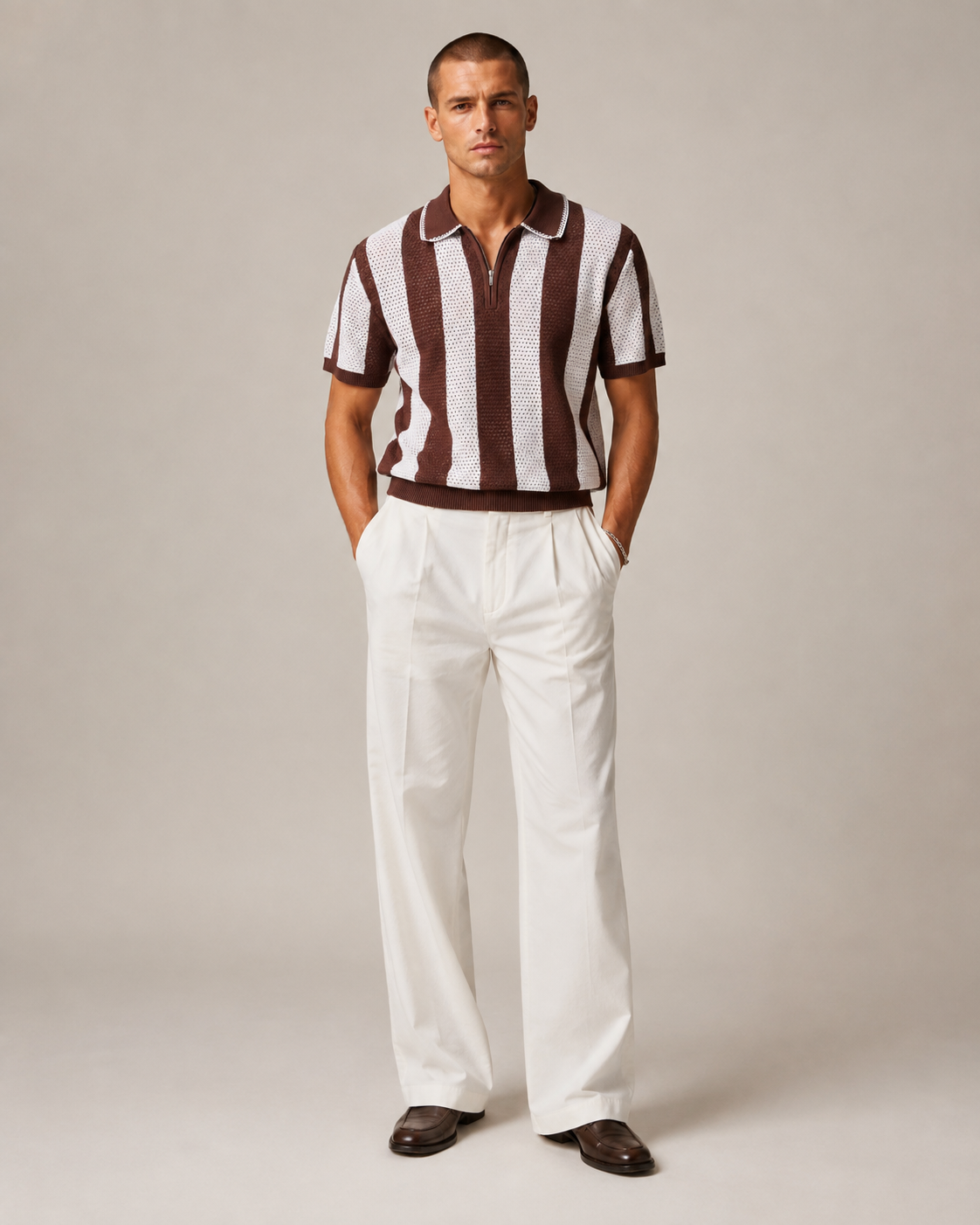 Men’s Cooling Knit Polo Shirt Striped Zip Short Sleeve Top