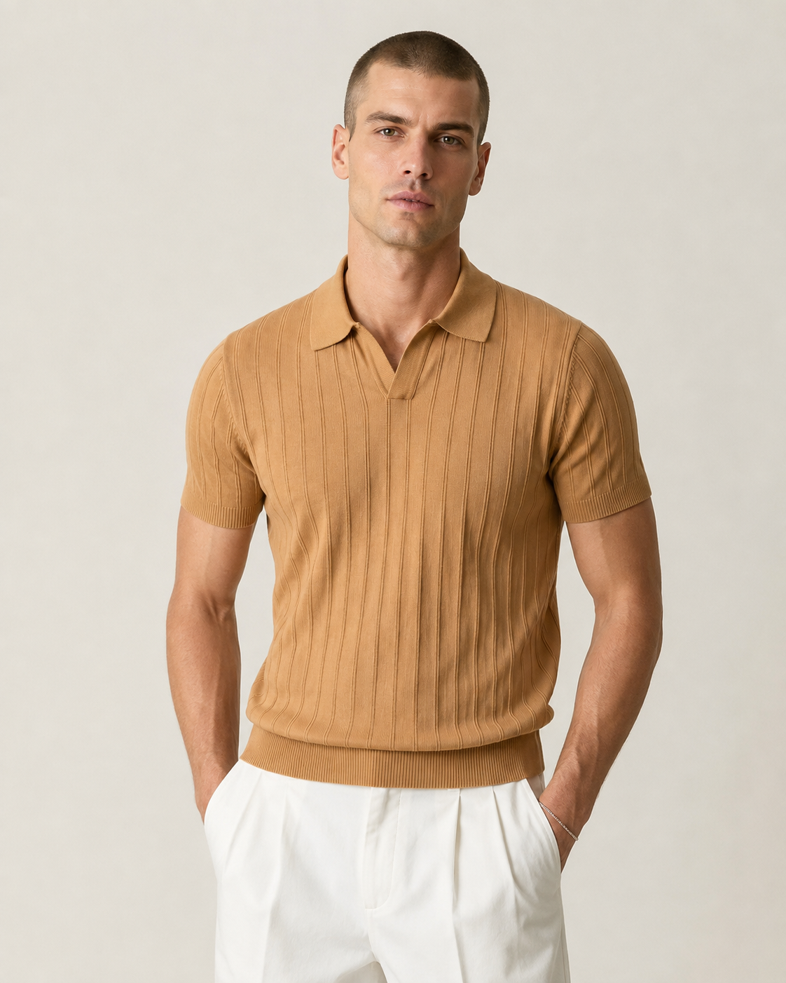 Men’s Ribbed Knit Polo Shirt V-Neck Short Sleeve Top