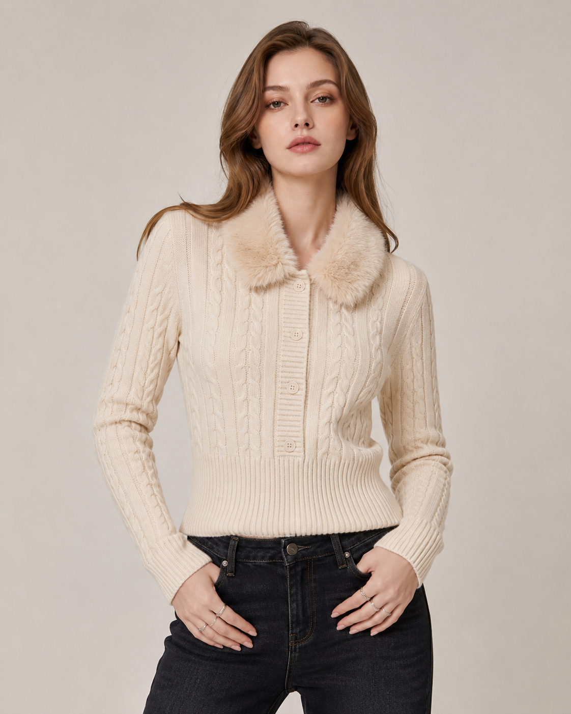 Women’s Vintage Cable Knit Sweater Fur Collar Slim Fit Cropped Top