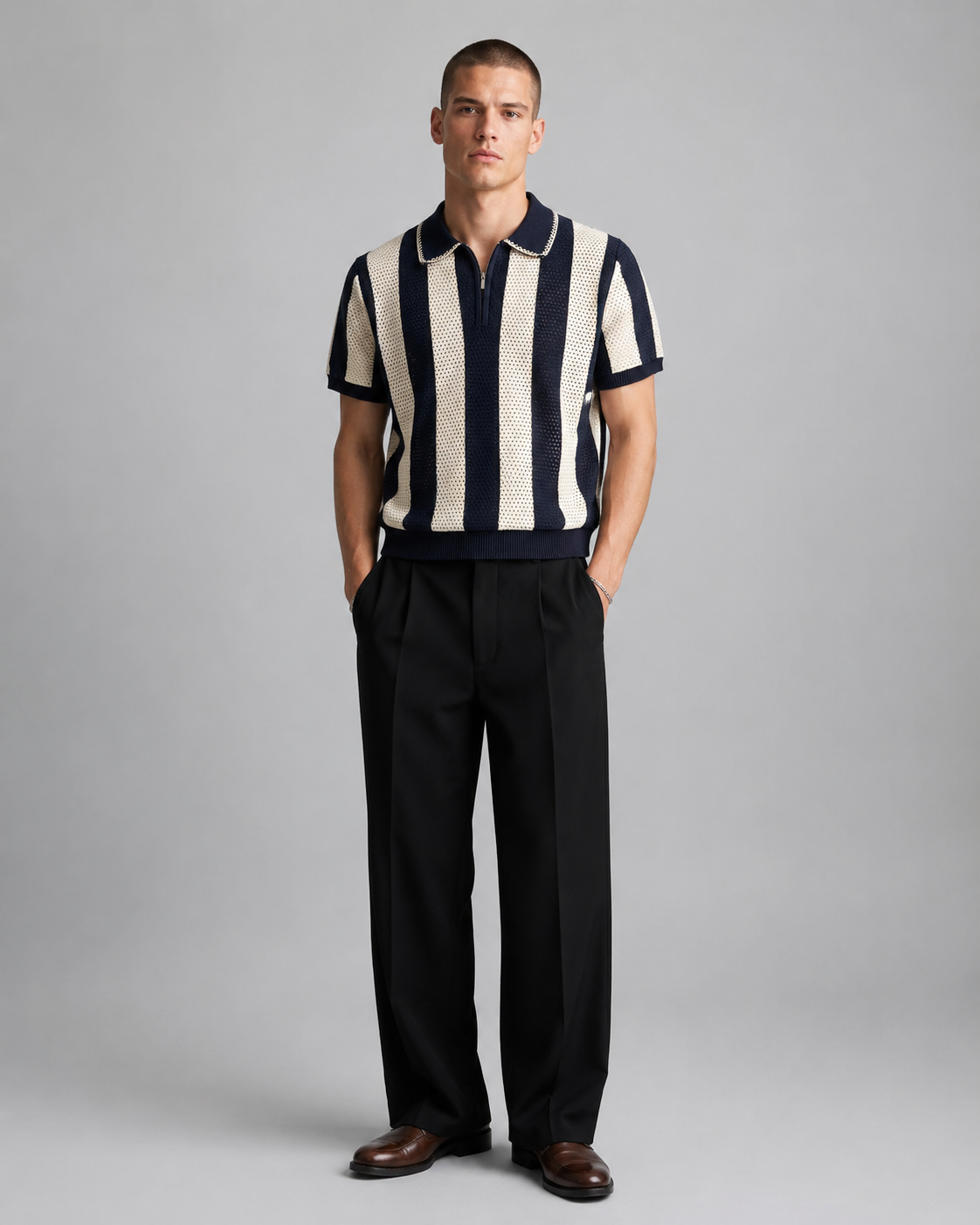 Men’s Cooling Knit Polo Shirt Striped Zip Short Sleeve Top