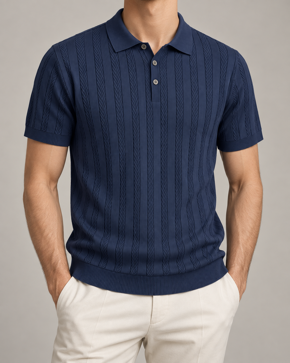 Men’s Old-Money Style Cool-Touch Wheat Cable-Knit Polo