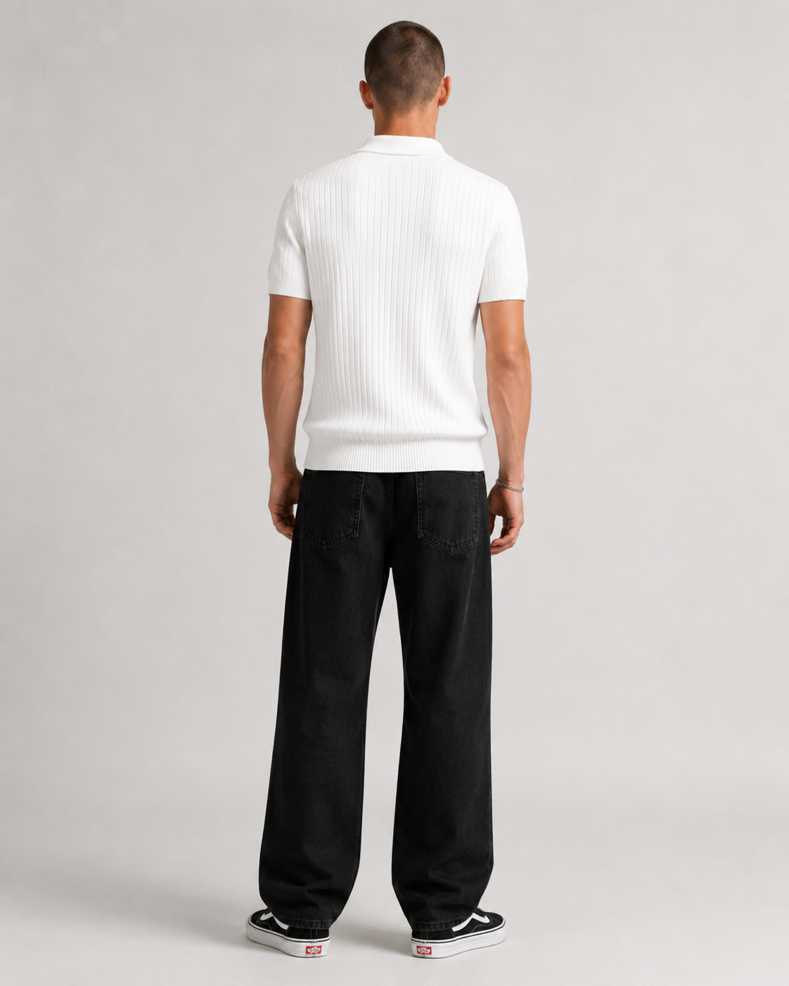 Men's Ribbed Knit Polo Shirt Short Sleeve V-Neck Top