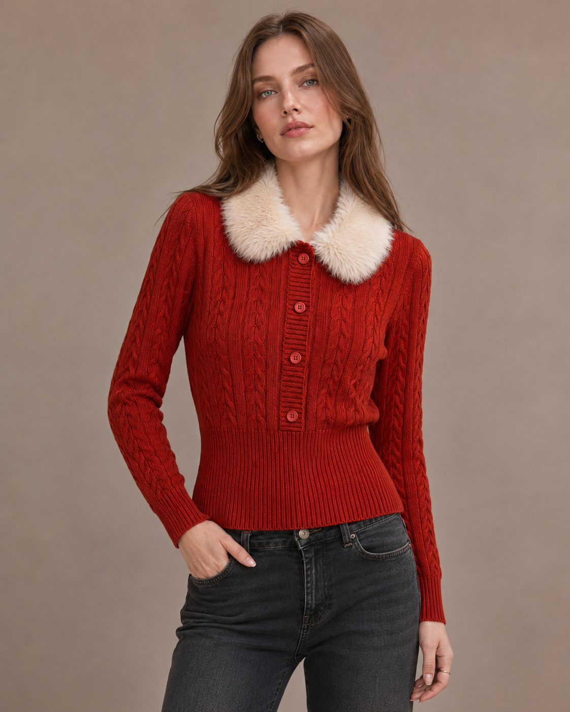 Women’s Vintage Cable Knit Sweater Fur Collar Slim Fit Cropped Top