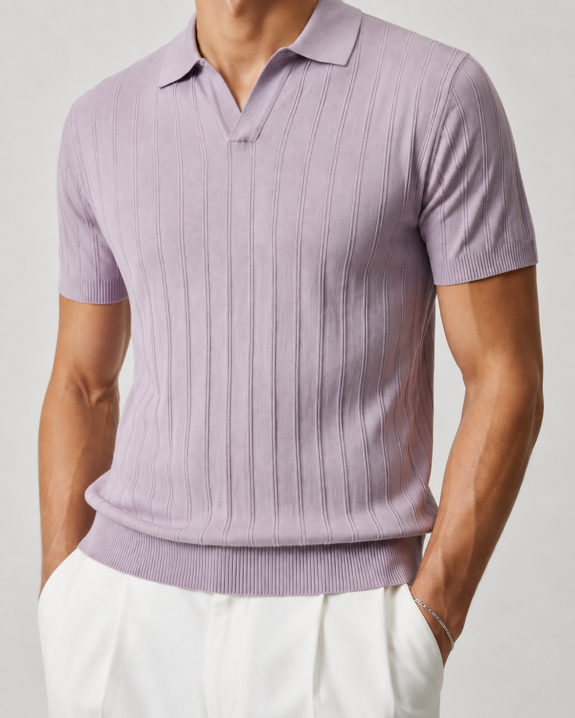 Men’s Ribbed Knit Polo Shirt V-Neck Short Sleeve Top