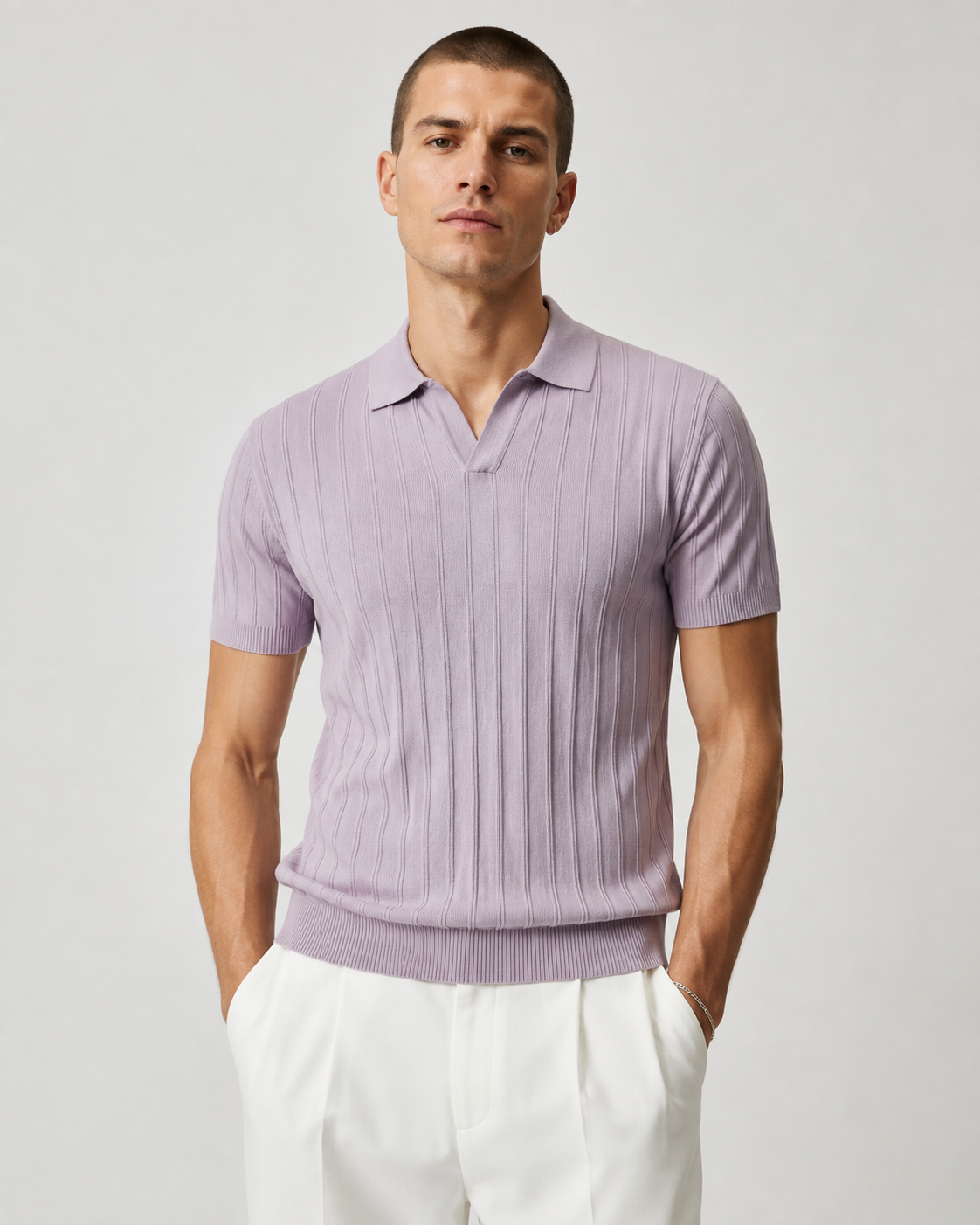 Men’s Ribbed Knit Polo Shirt V-Neck Short Sleeve Top