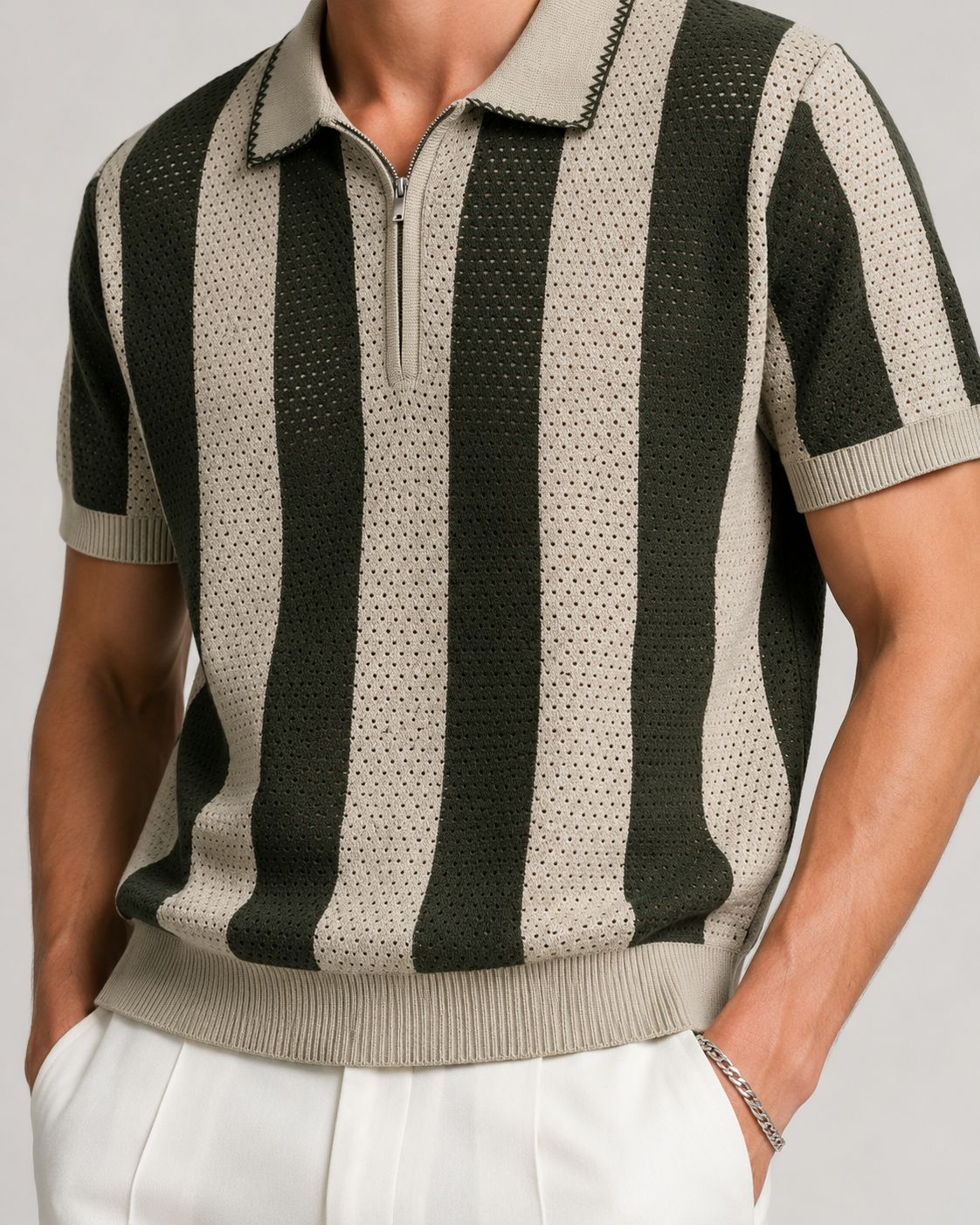Men’s Cooling Knit Polo Shirt Striped Zip Short Sleeve Top