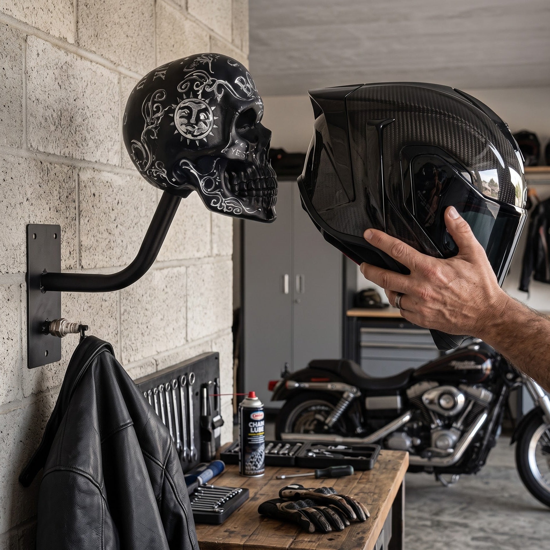 Person placing a motorcycle helmet on a skull wall mount