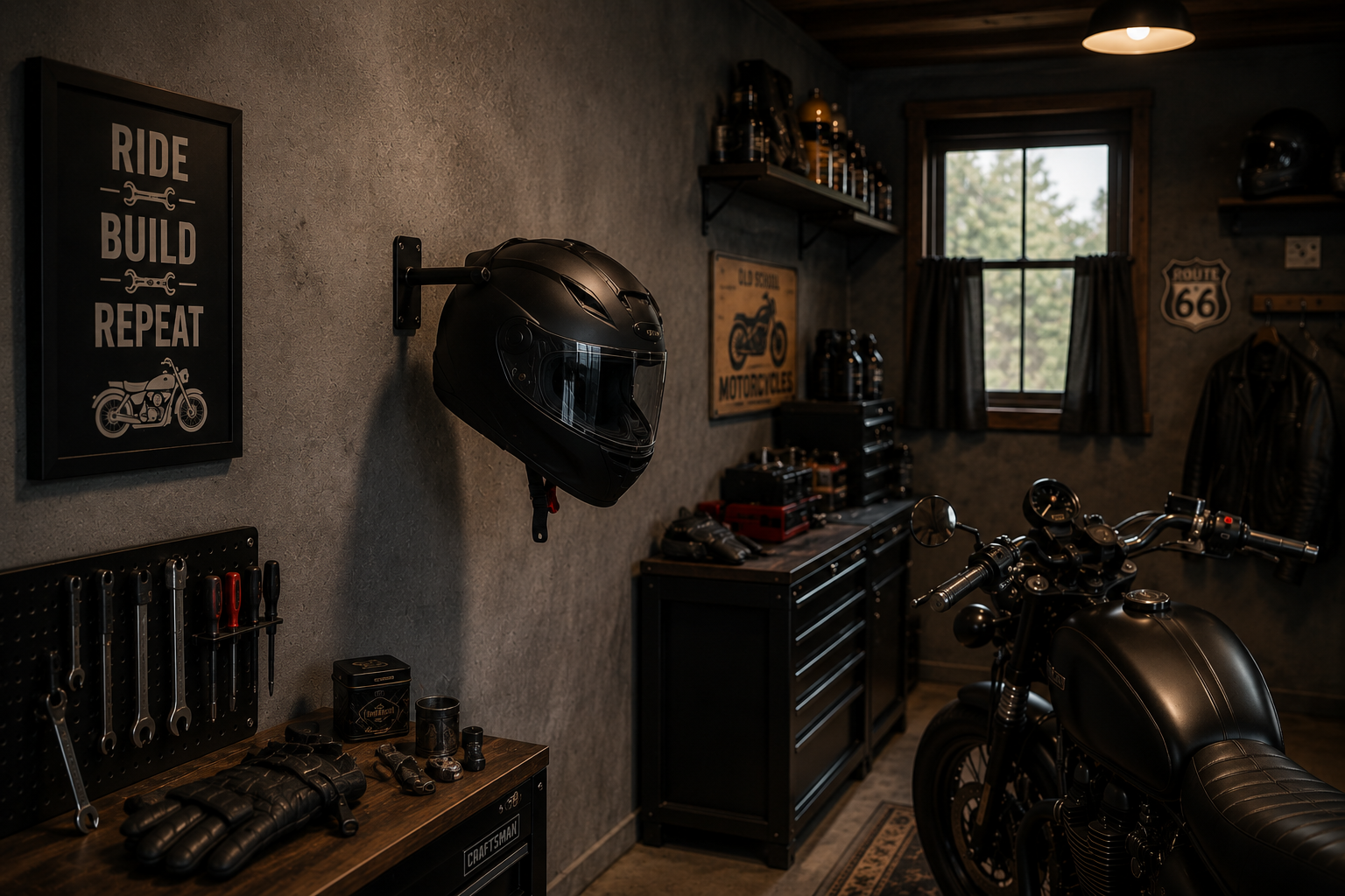 Motorcycle helmet displayed on skull wall mount in a garage