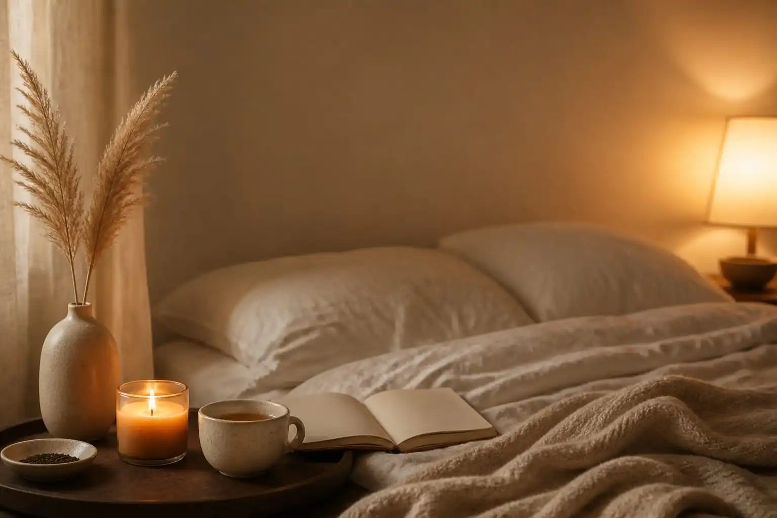 Cozy evening bedroom still life with candle, tea, and journal representing quiet self-care