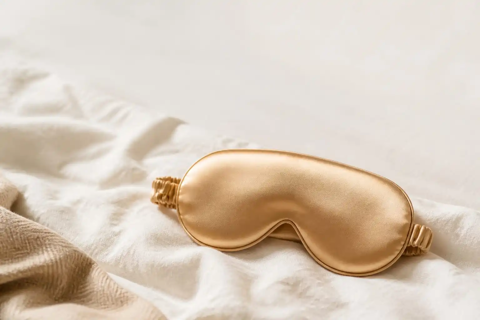 Champagne-gold silk sleep eye mask resting on ivory linen bedding