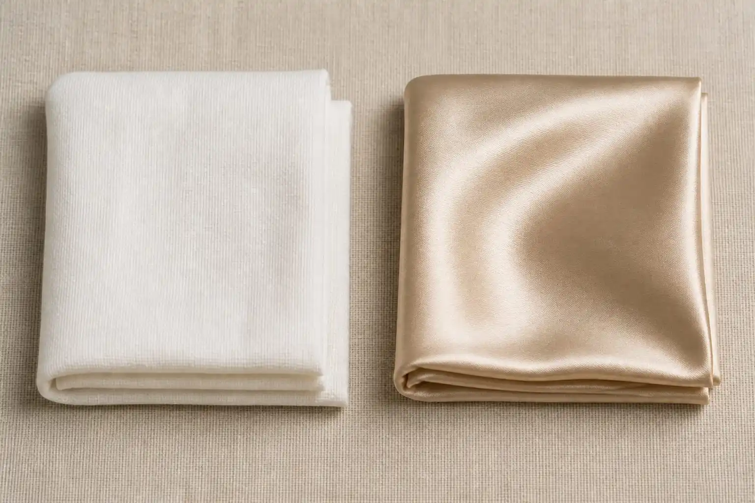 Folded white cotton pillowcase next to a champagne-gold mulberry silk pillowcase showing texture contrast