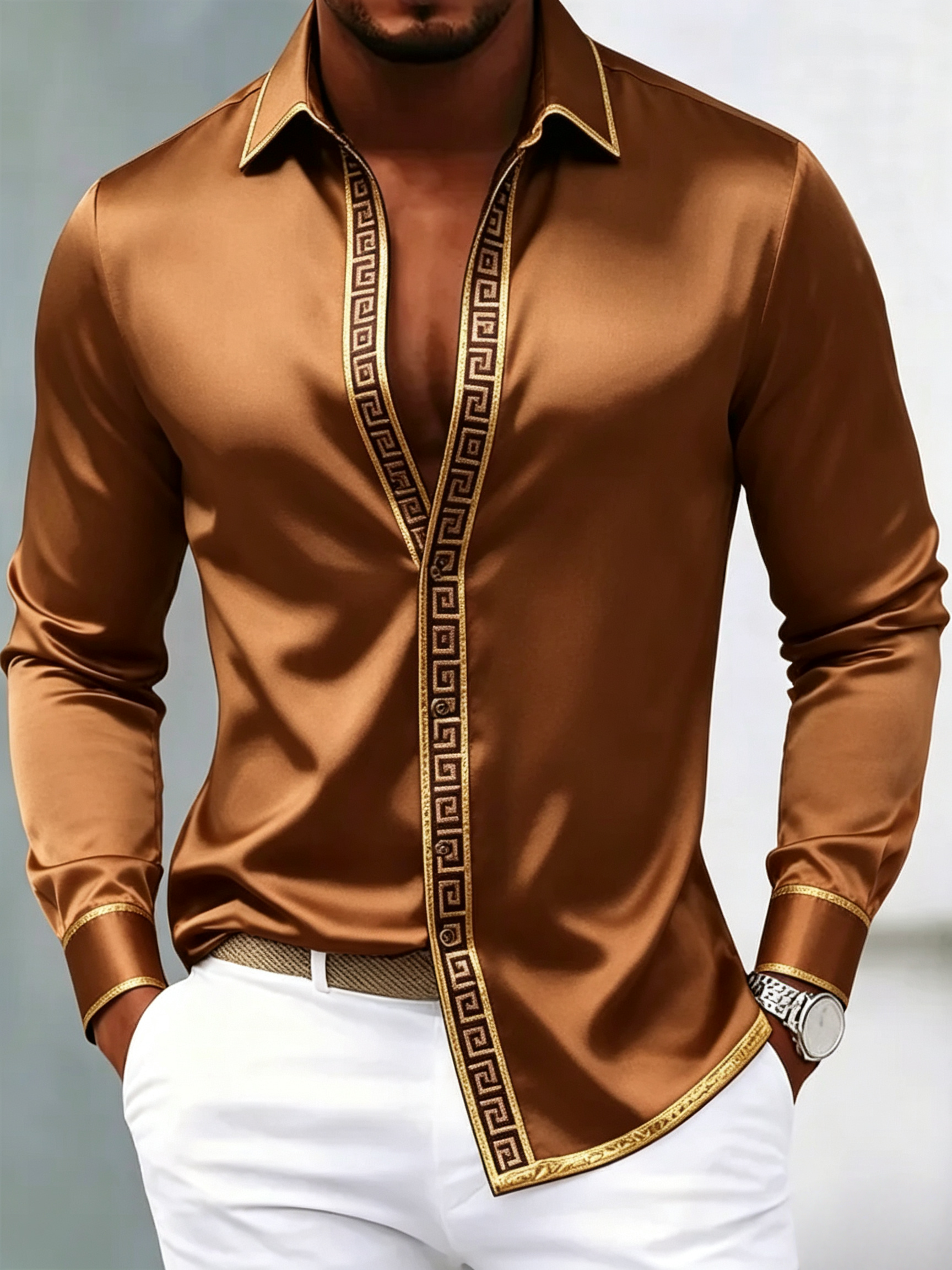 Camisa de lujo Glossy de manga larga Bronze Gold Edge para hombre