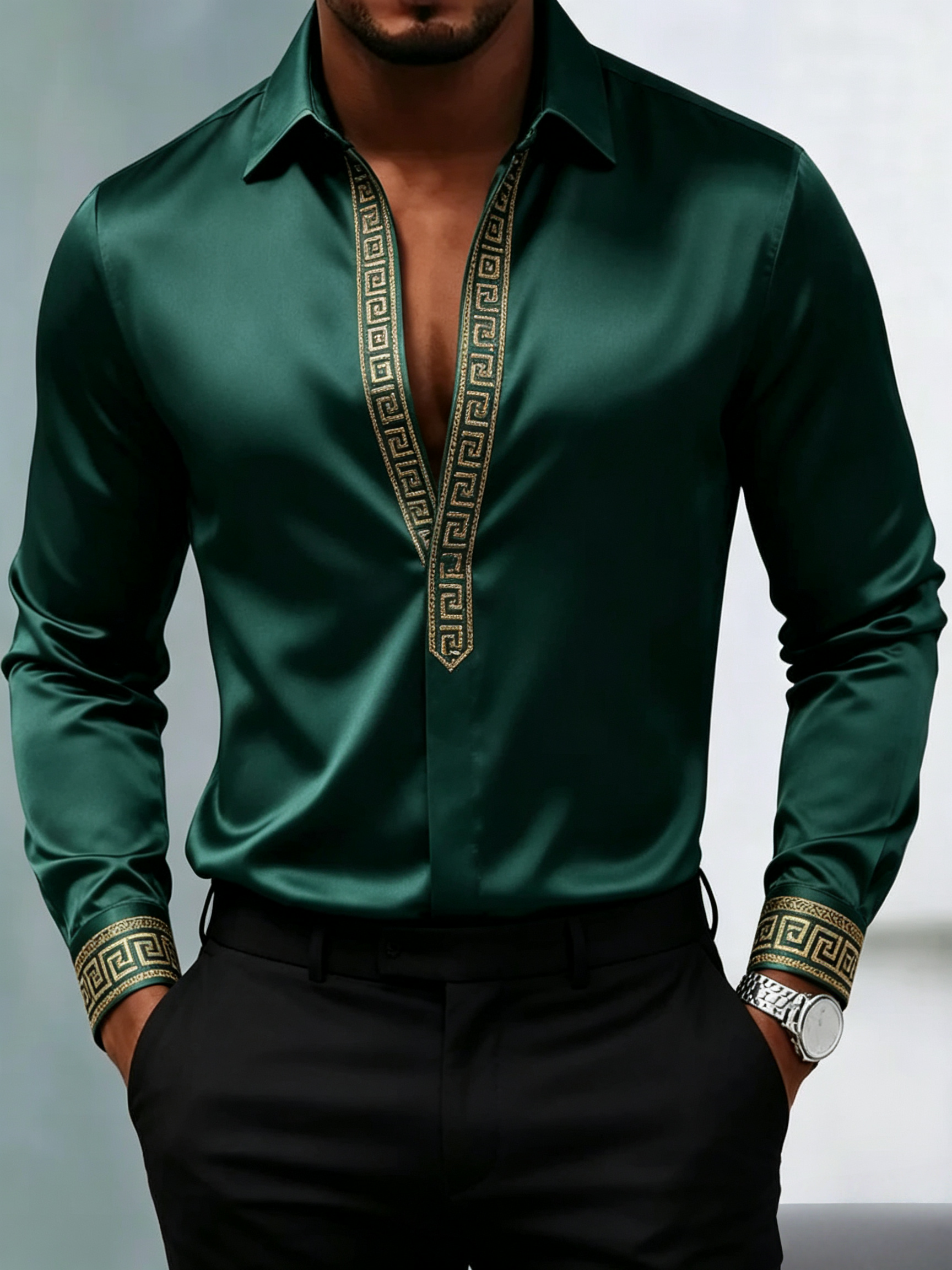 Camisa Emerald Gloss de manga larga Geometric Gold Border para hombre