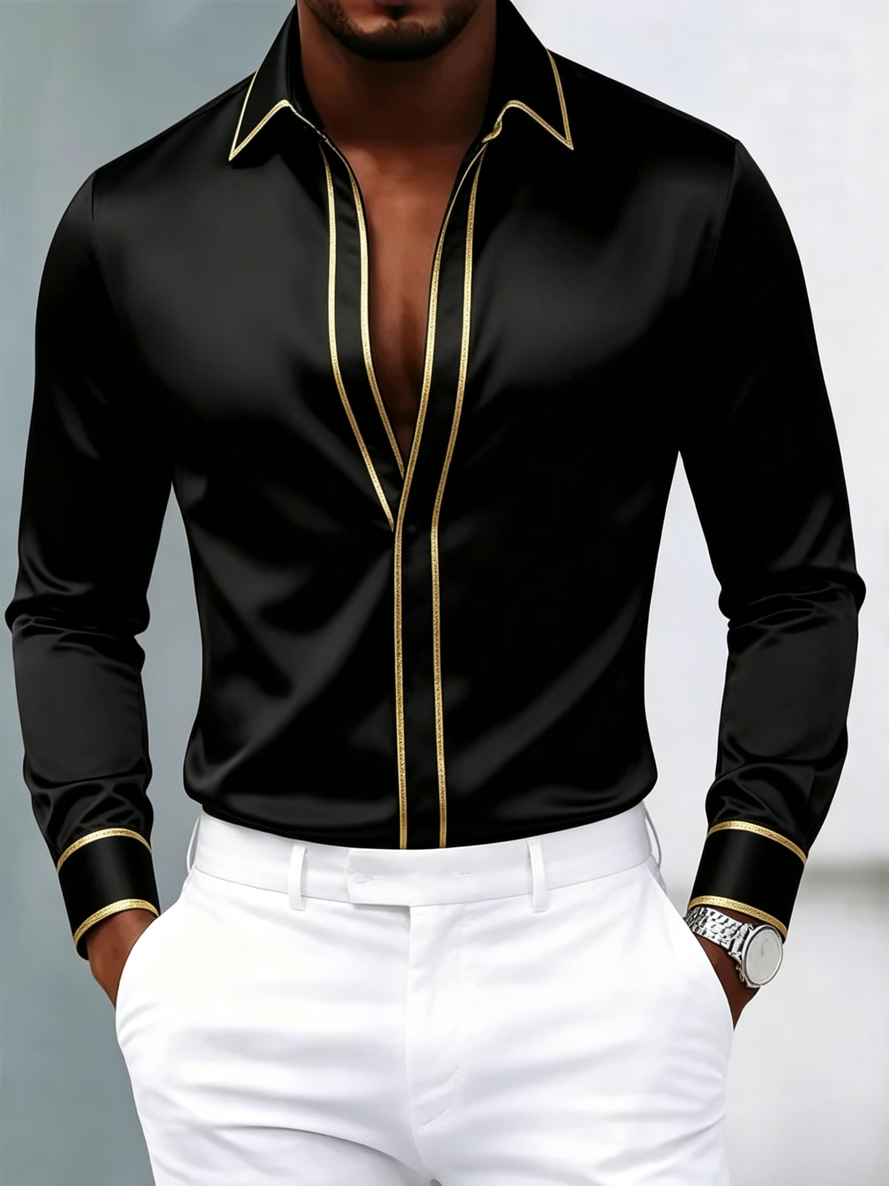 Camisa Black Satin de manga larga para hombre