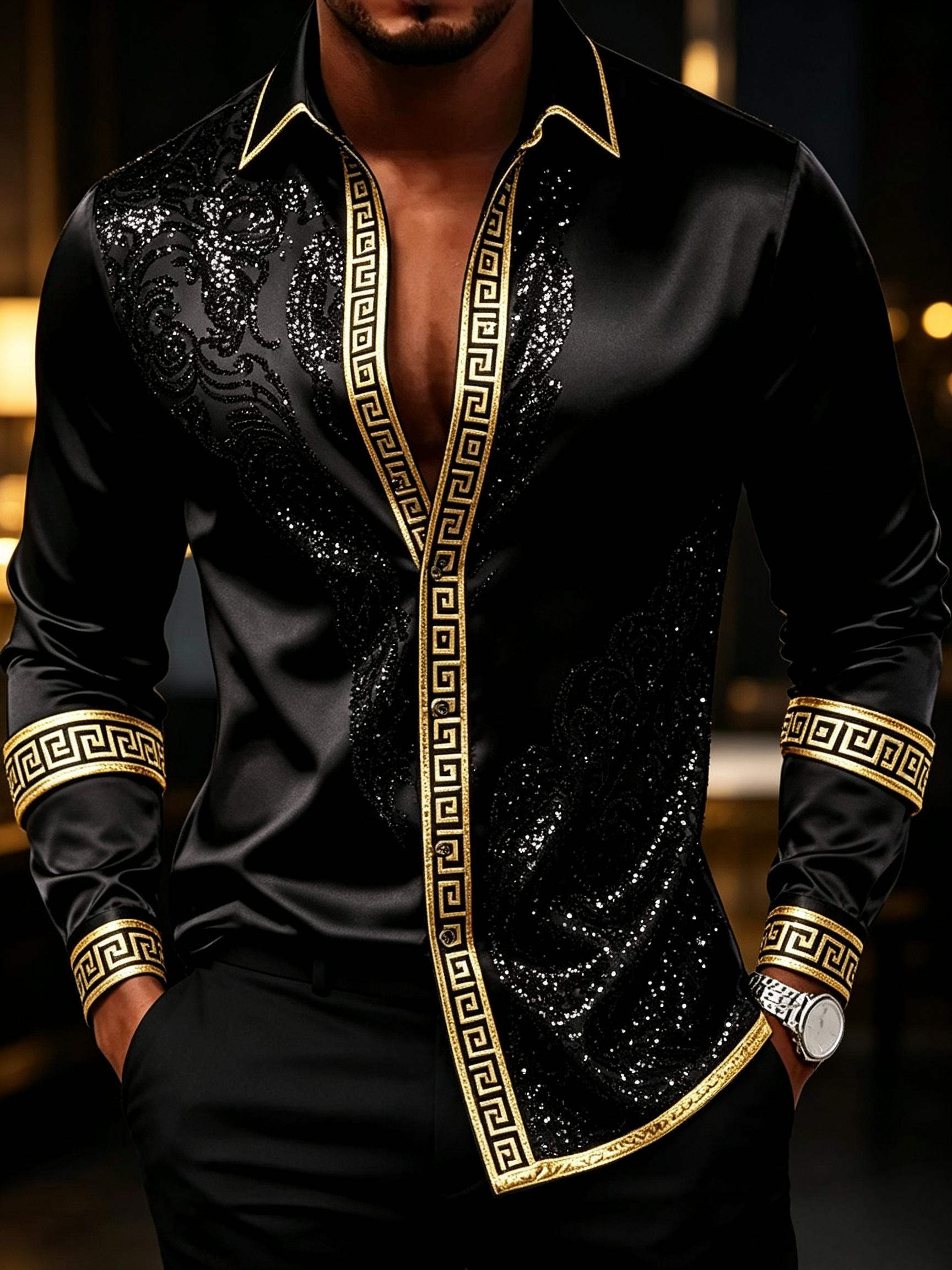 Camisa Slim Party de manga larga Black Sequin Gold Border para hombre