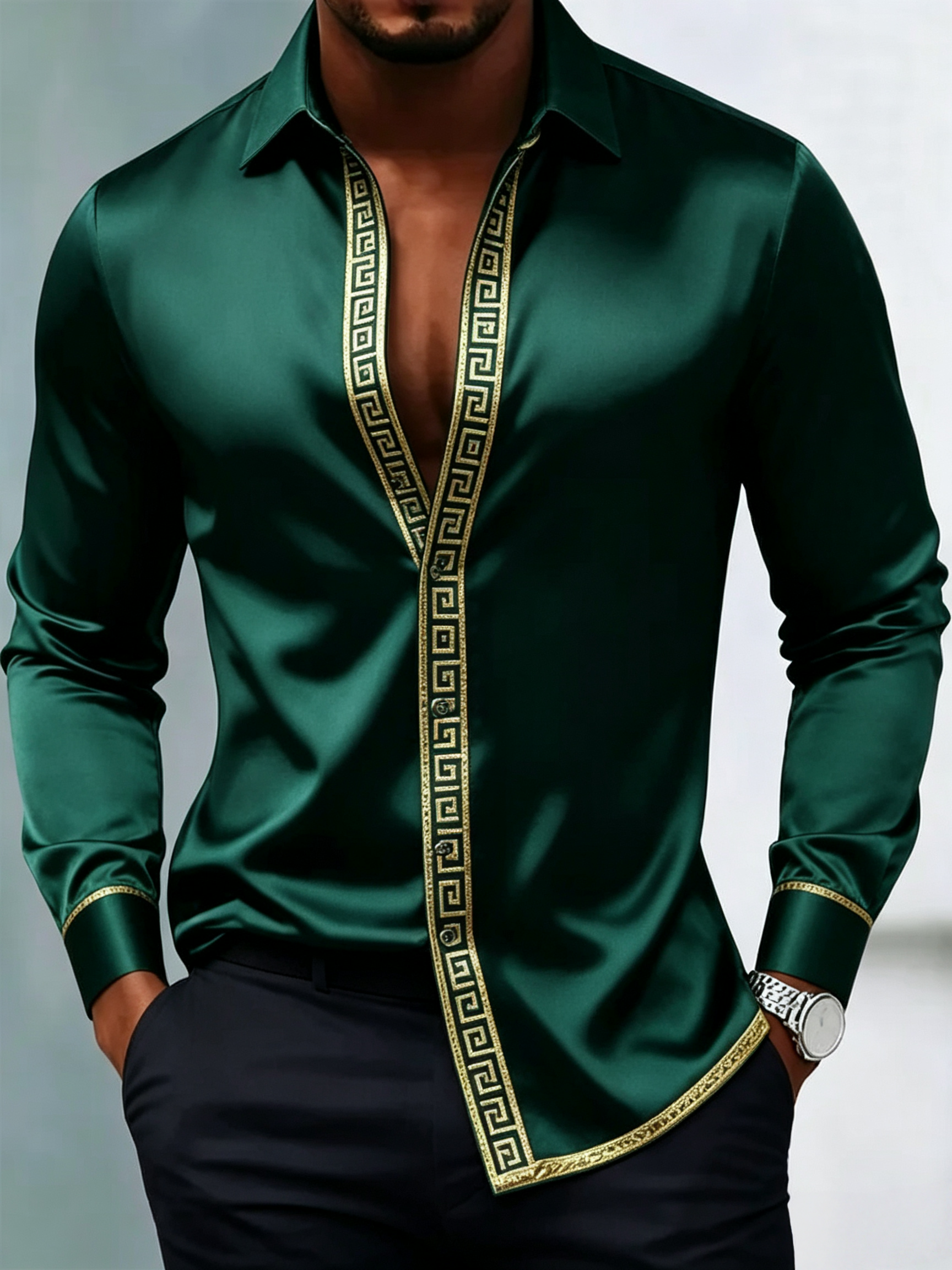 Camisa Green Satin de manga larga para hombre