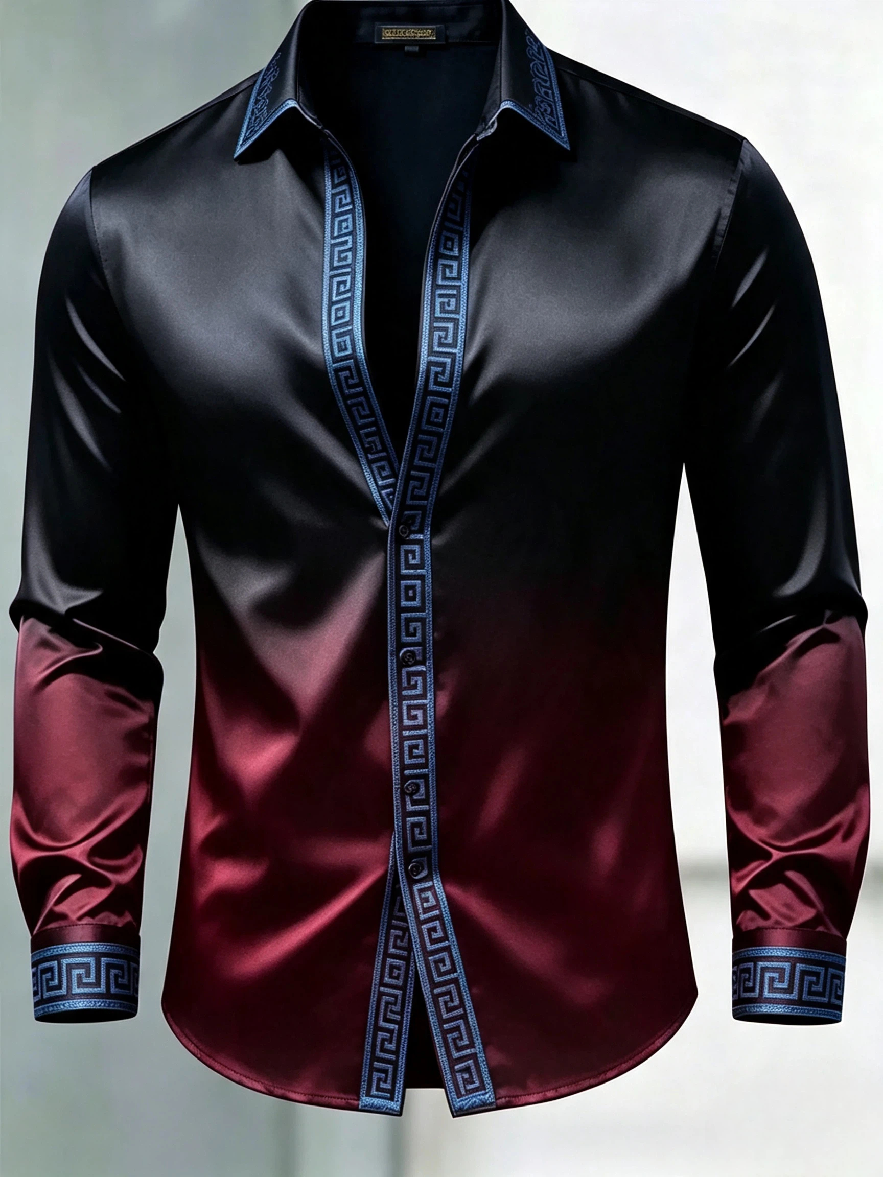 para hombre de lujo Glossy Satin de manga larga Gradient Black Burgundy camisa de vestir