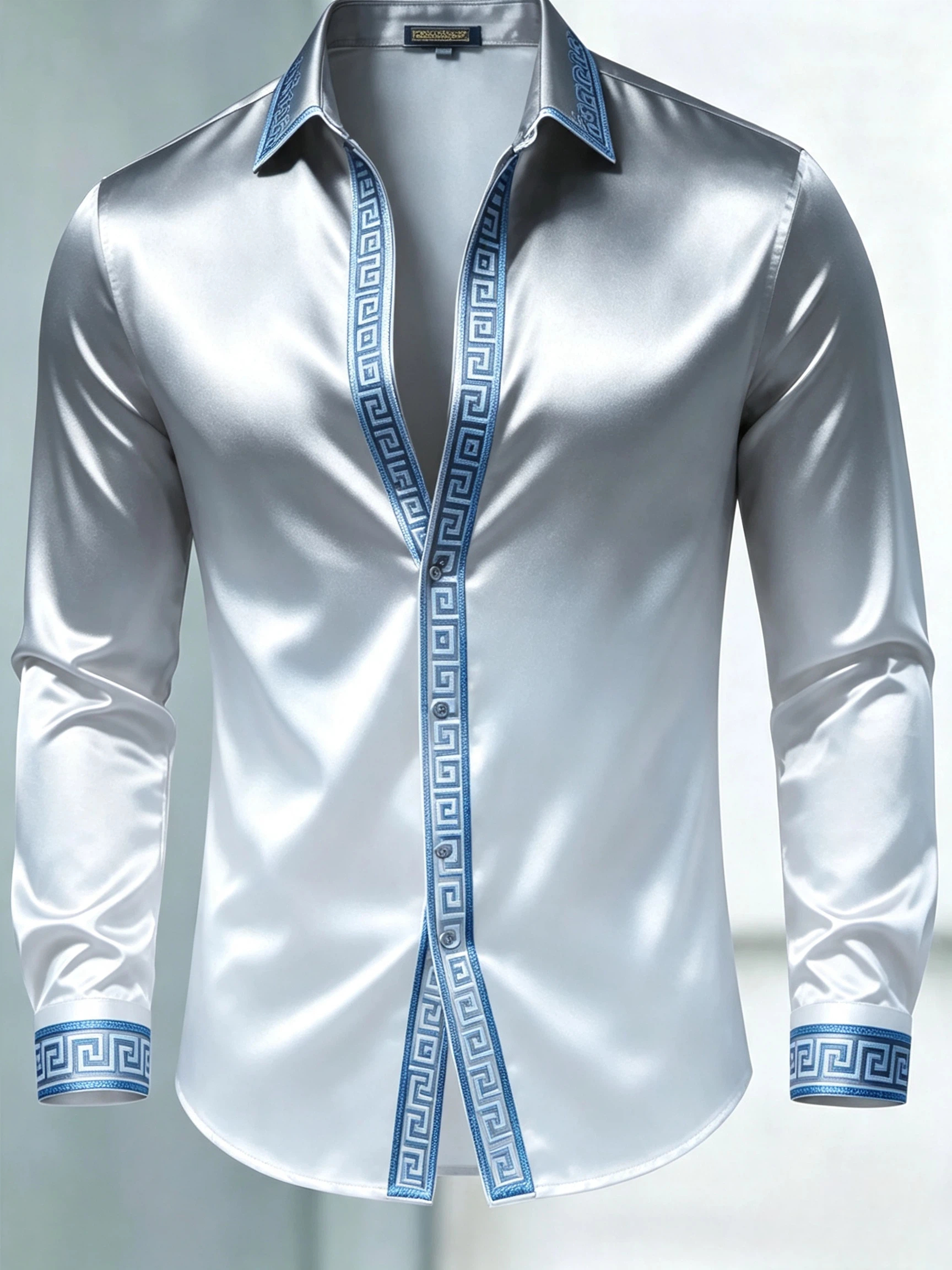 para hombre de lujo Glossy Satin de manga larga Gradient Silver White camisa de vestir