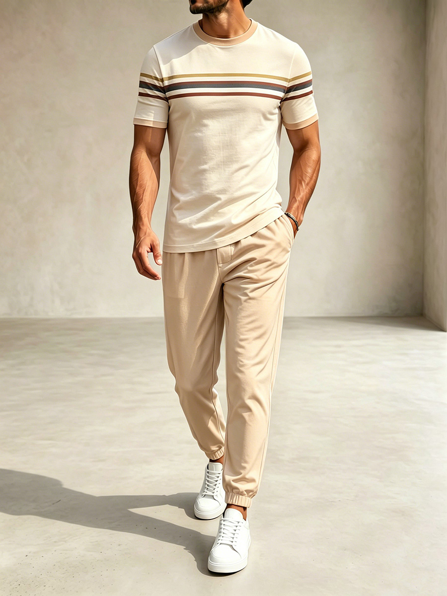 Conjunto de dos piezas casual Apricot Color Matching a rayas estampado Round Neck camiseta & pantalón para hombre