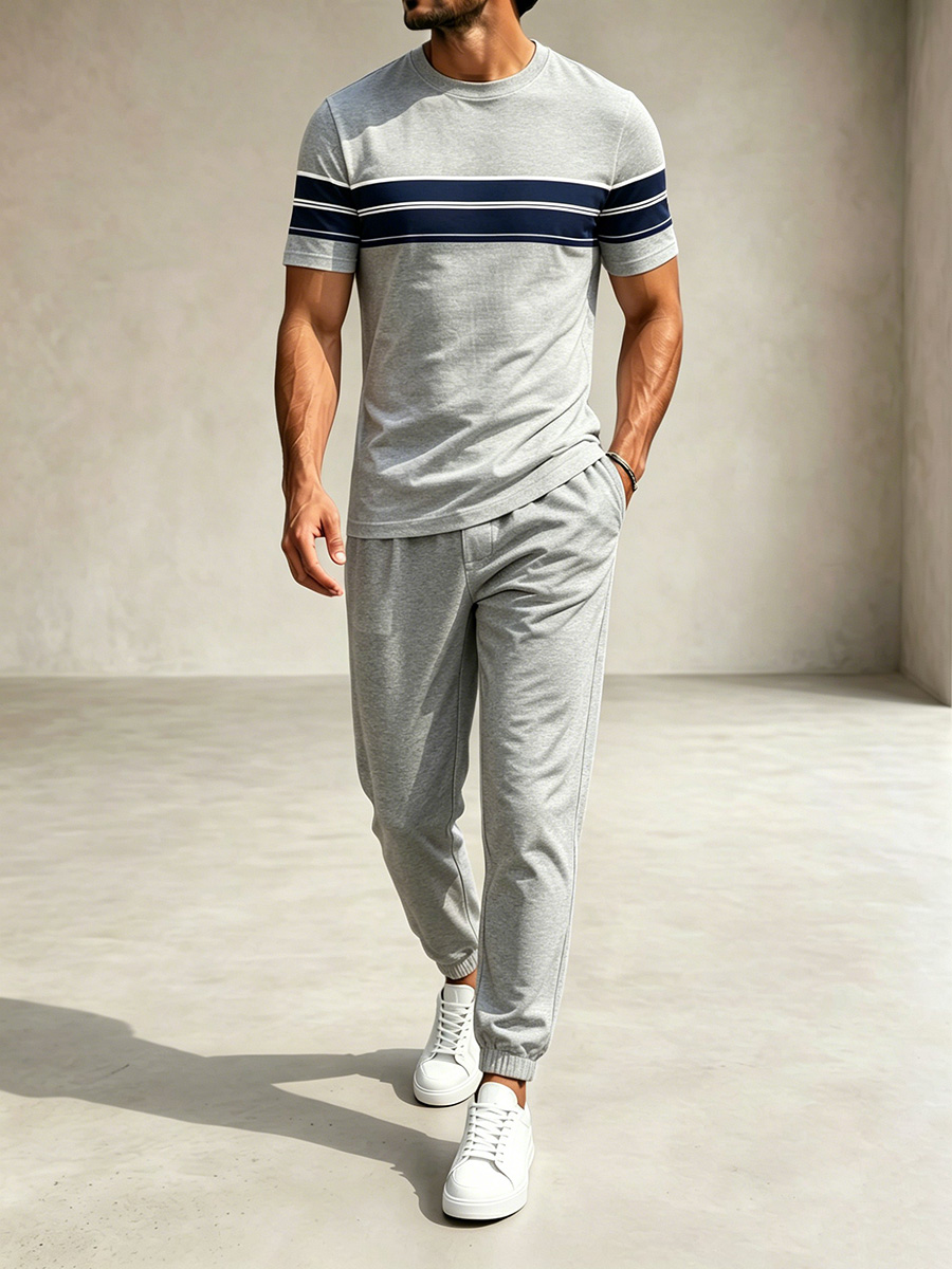 Conjunto de dos piezas casual Gray & Royal Blue Color Matching a rayas estampado Round Neck camiseta & pantalón para hombre