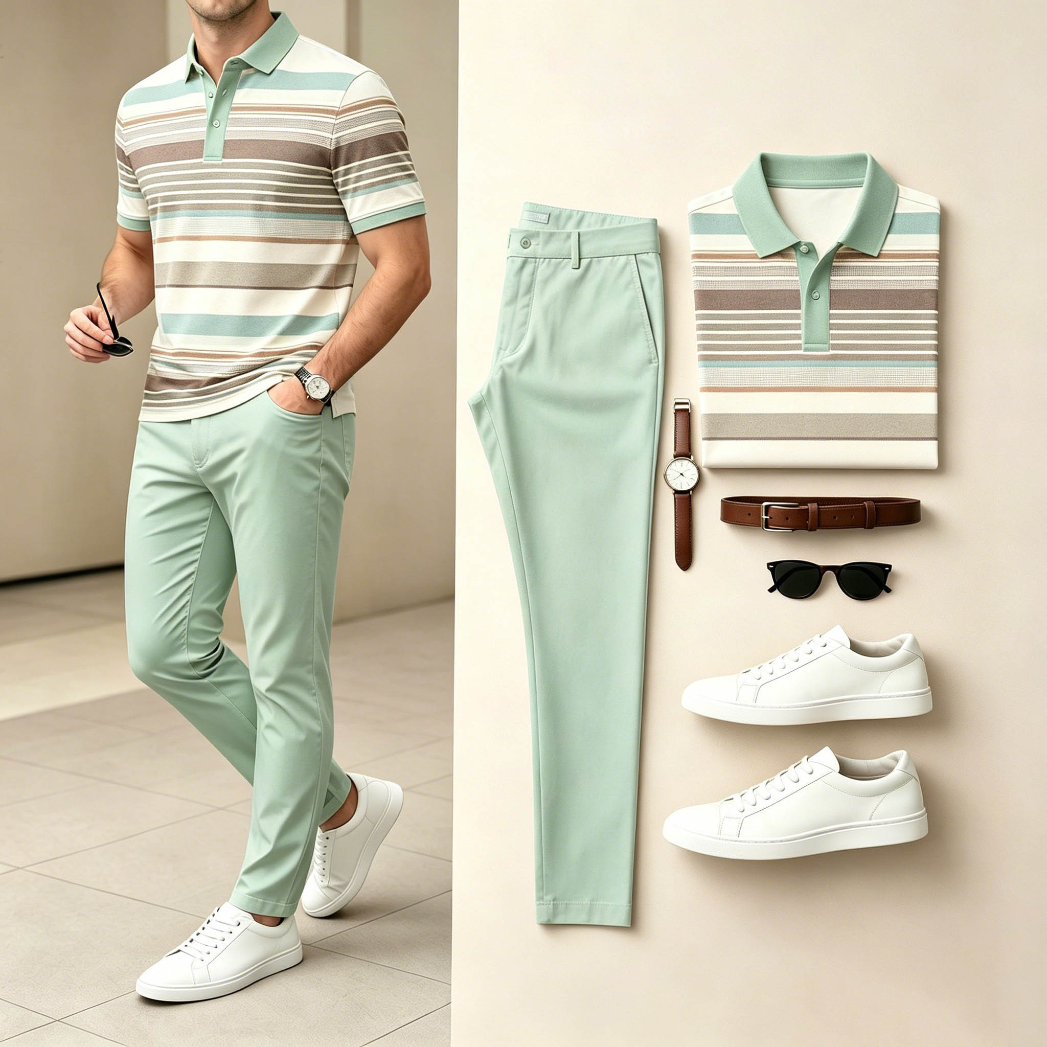 Conjunto de dos piezas casual Green & Multi Color Matching a rayas estampado de manga cortas camisa polo & pantalón para hombre