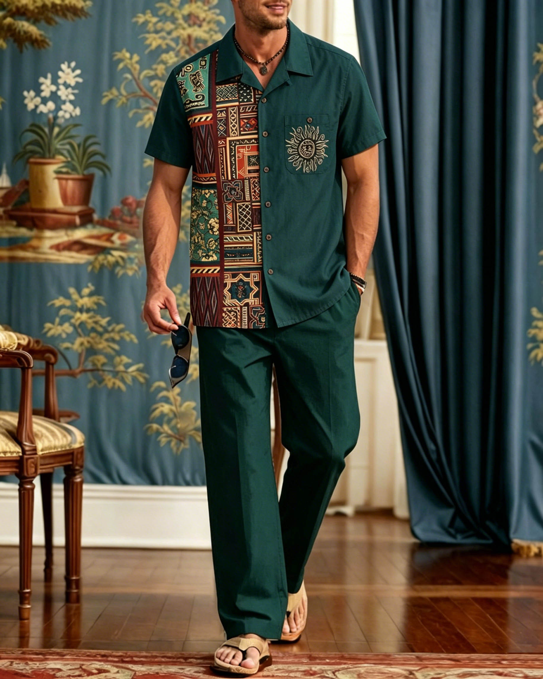 Elegant retro Lines de manga corta Walking Set para hombre