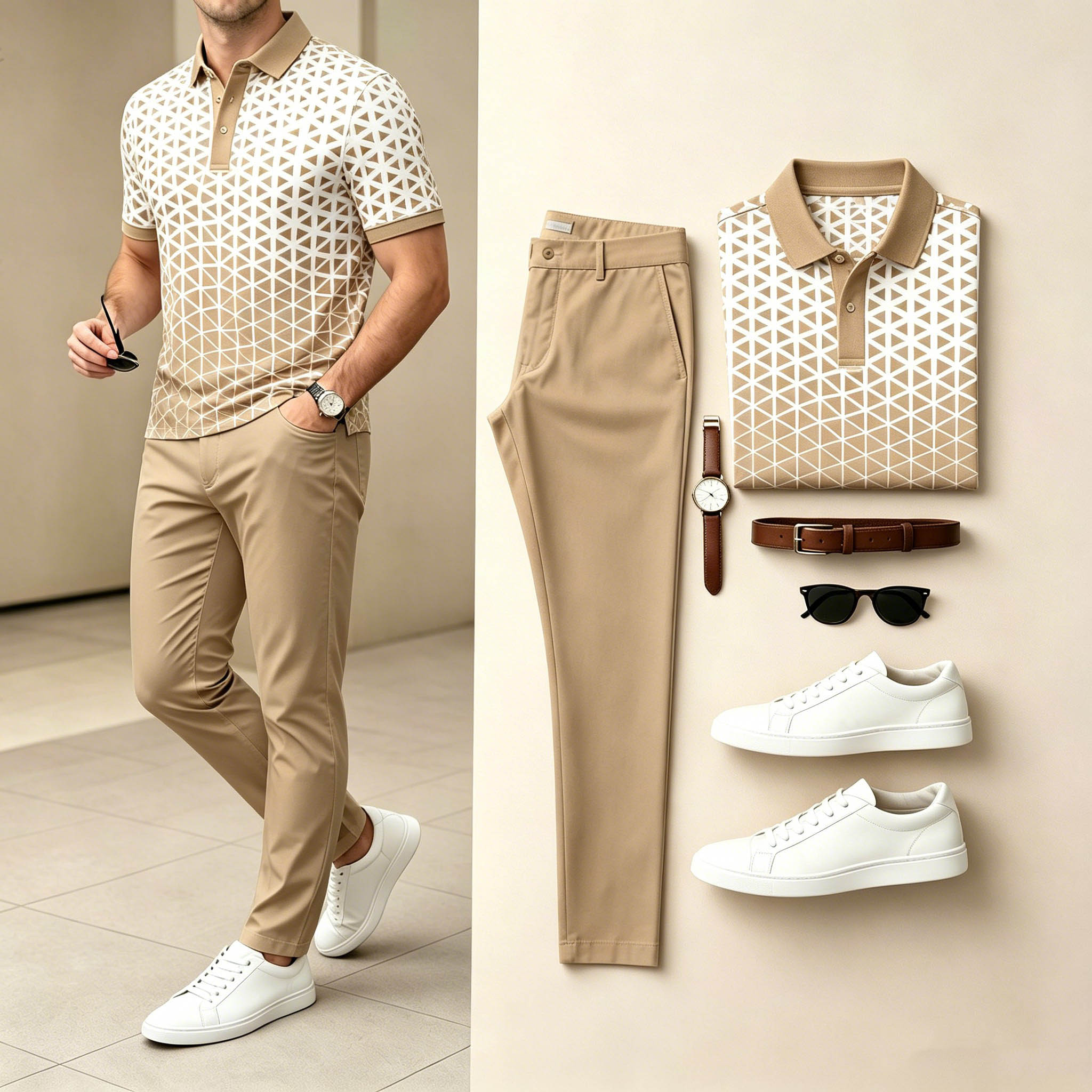 para hombre casual Tan & White Color Matching Geometric estampado de manga cortas camisa polo & pantalón conjunto de dos piezas
