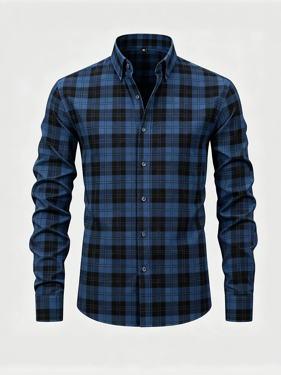 Camisa Navy Checkered estampado de manga larga para hombre