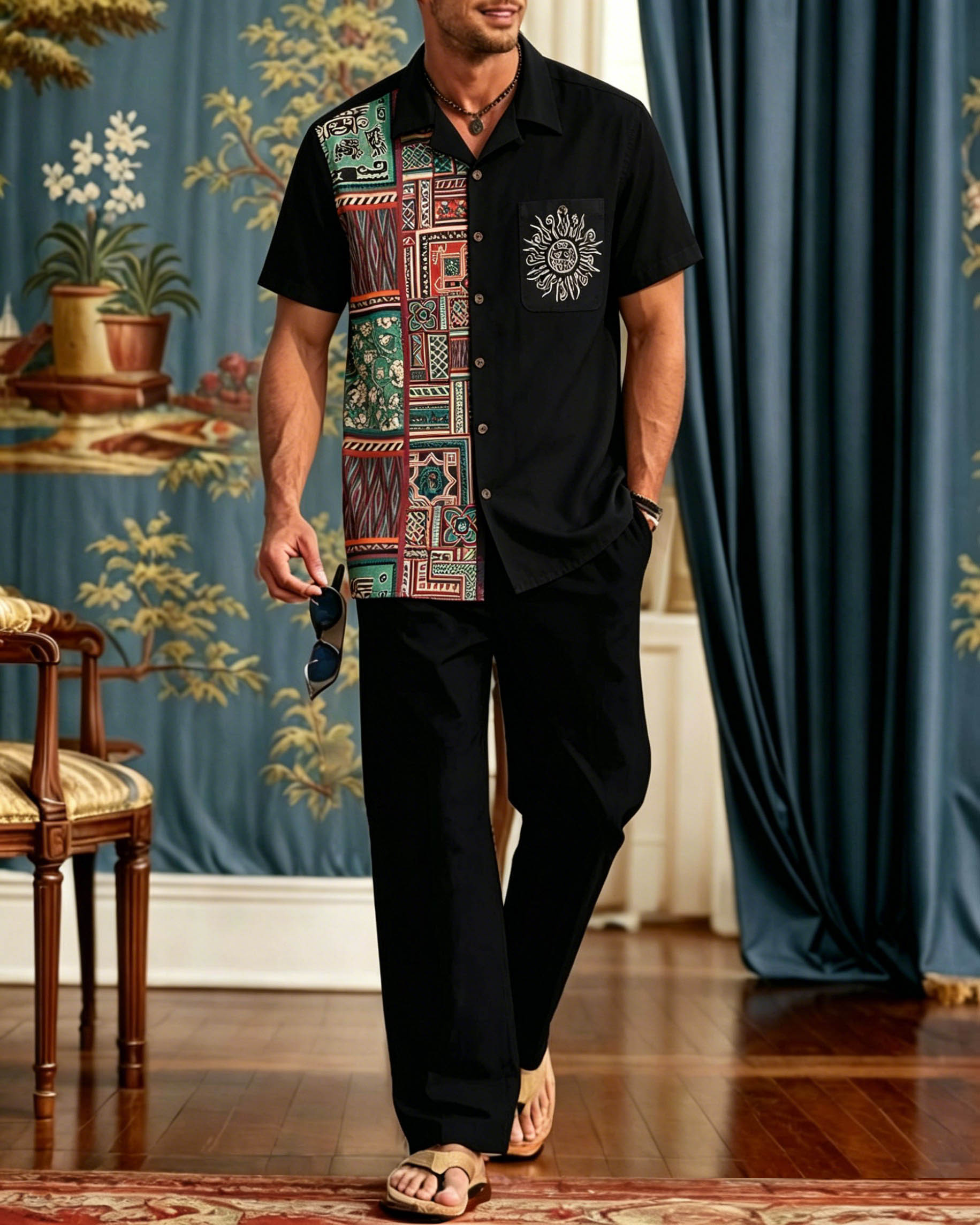 Elegant retro Lines de manga corta Walking Set para hombre