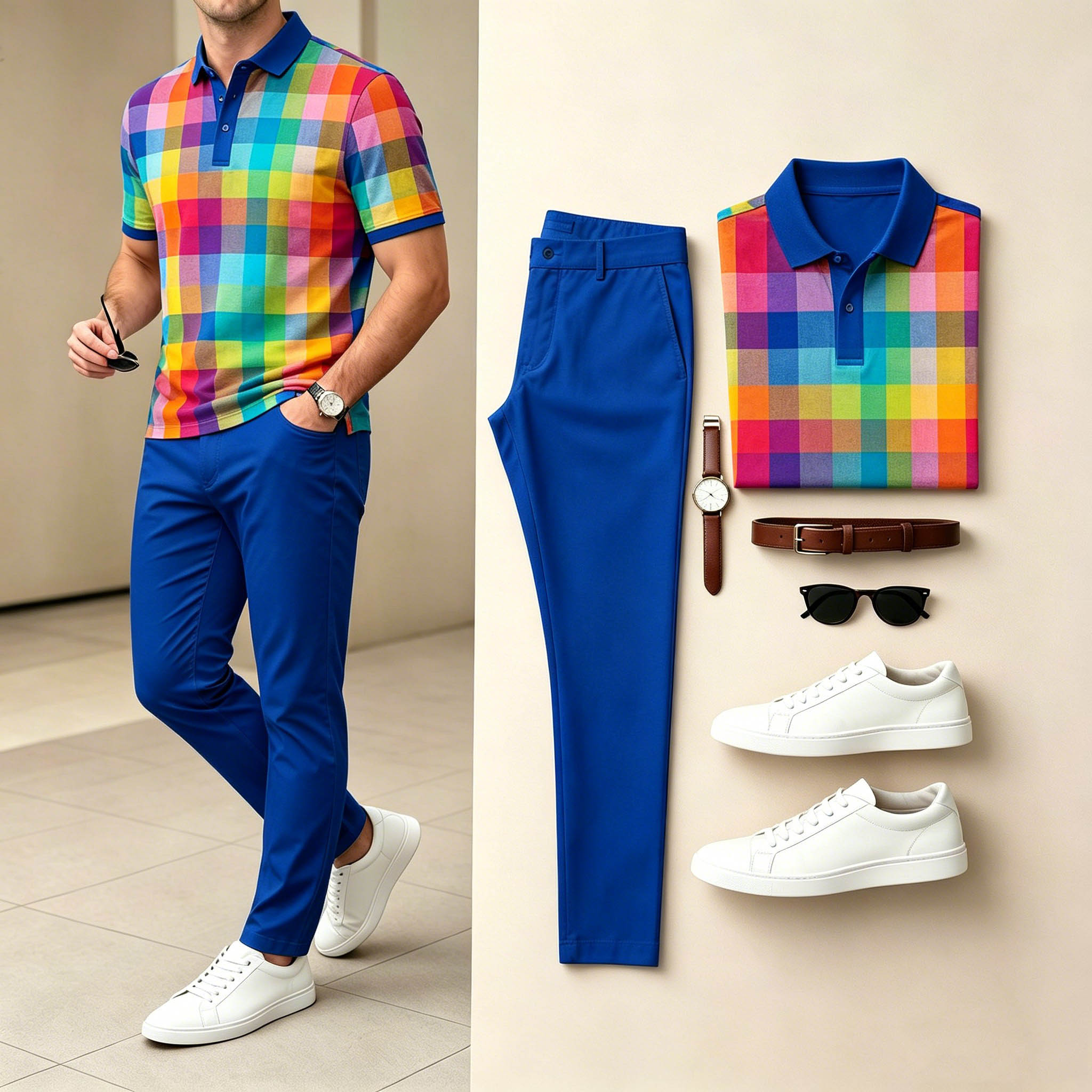Conjunto de dos piezas casual Multi & Royal Blue Color Matching Checkered estampado de manga cortas camisa polo & pantalón para hombre