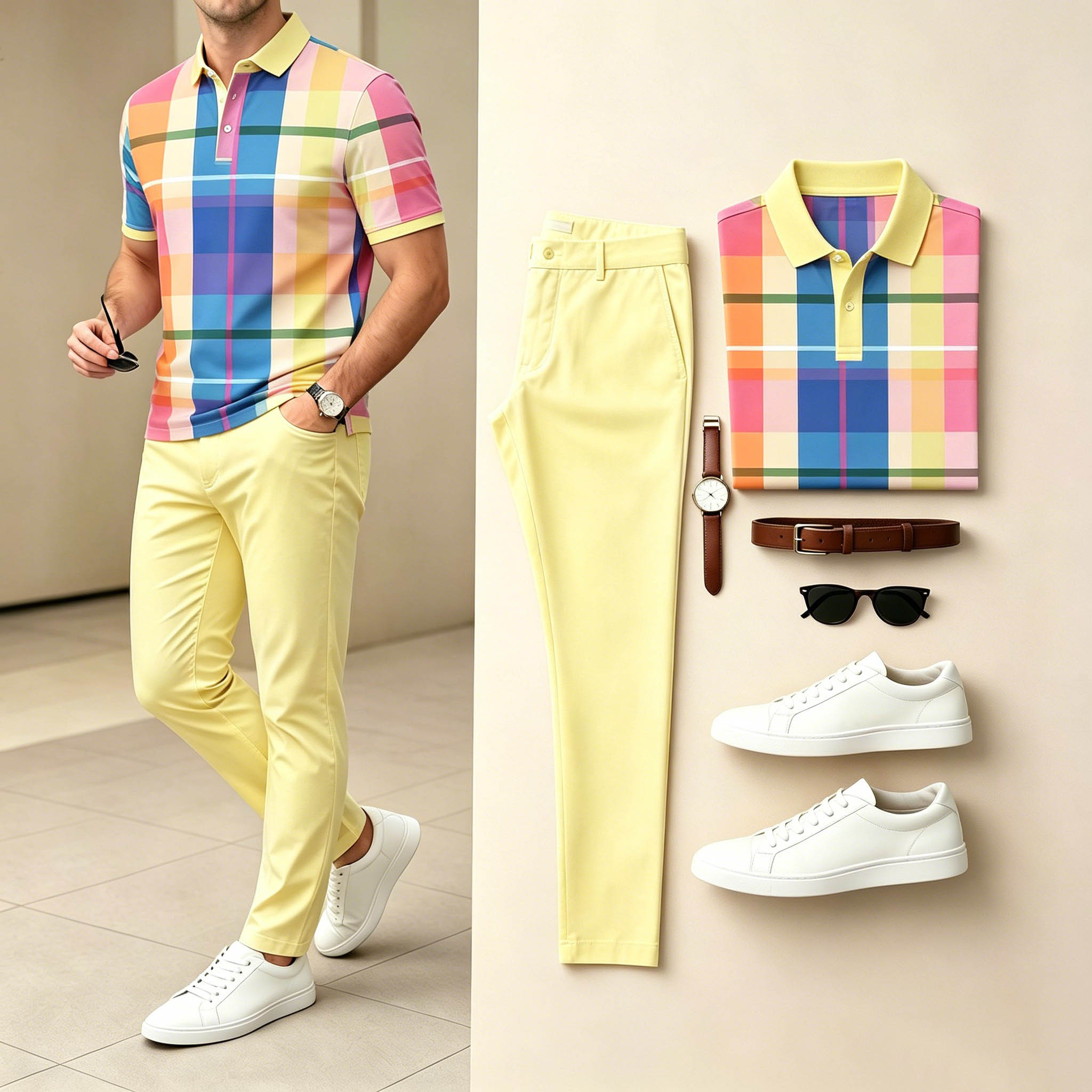 Conjunto de dos piezas casual Multi &Yellow Color Matching a cuadros estampado de manga cortas camisa polo & pantalón para hombre