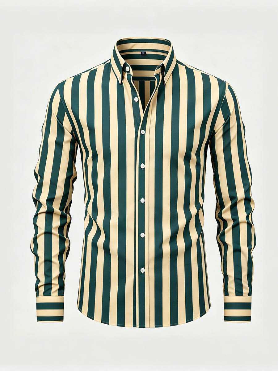 Camisa Green & Yellow Color Matching a rayas estampado de manga larga para hombre