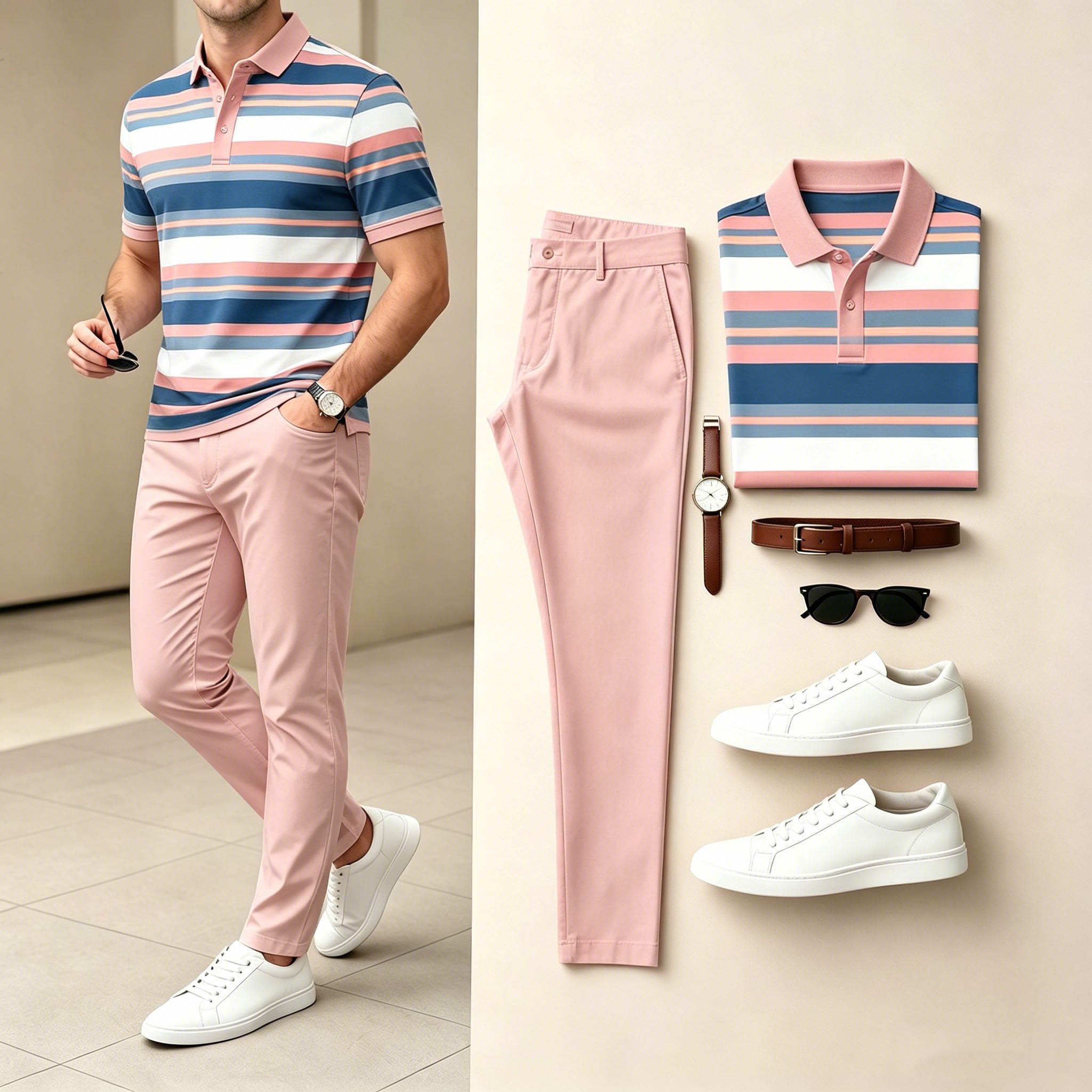 Conjunto de dos piezas casual Pink & Blue Color Matching a rayas estampado de manga cortas camisa polo & pantalón para hombre