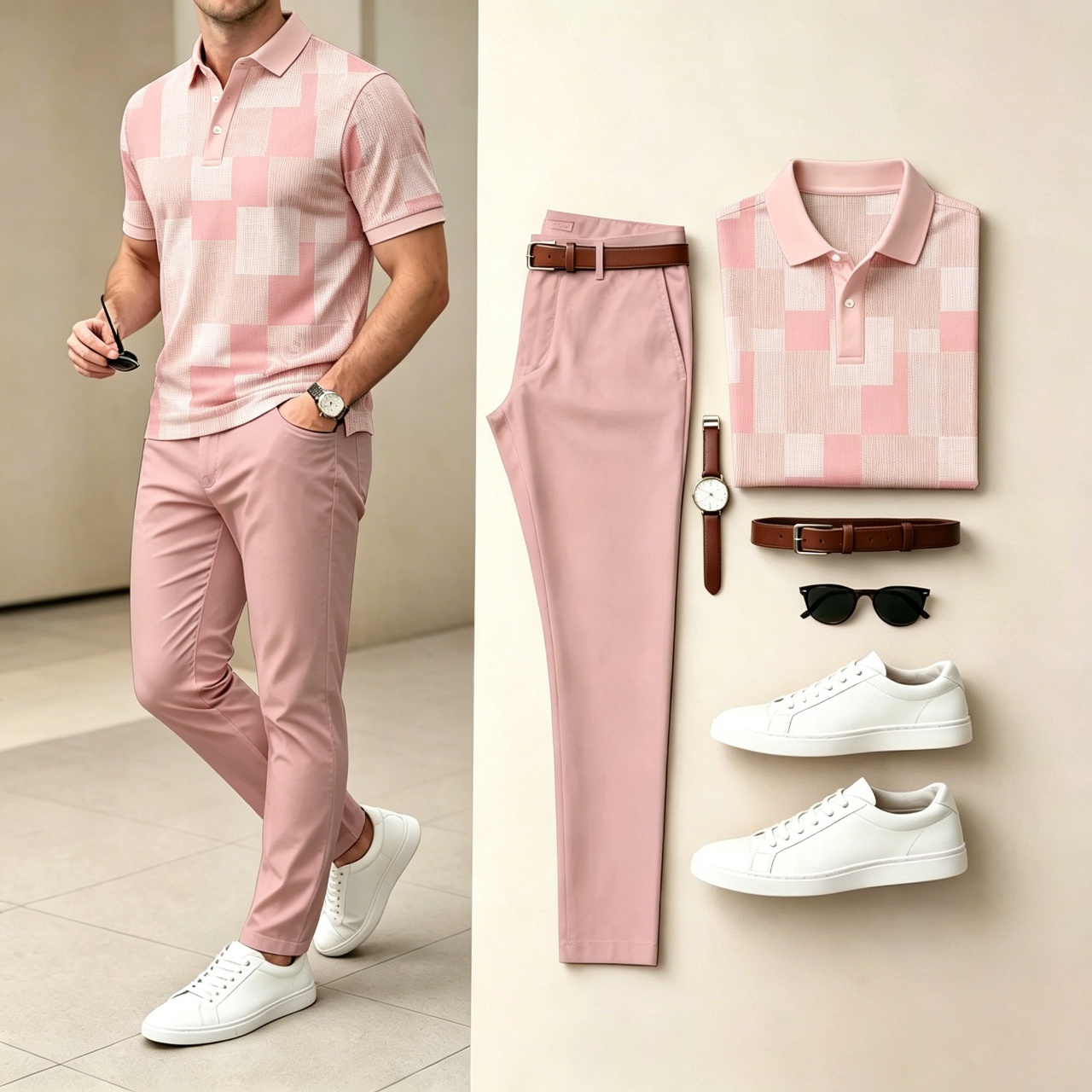 Conjunto de dos piezas casual Color a cuadros estampado camisa polo And pantalón para hombre