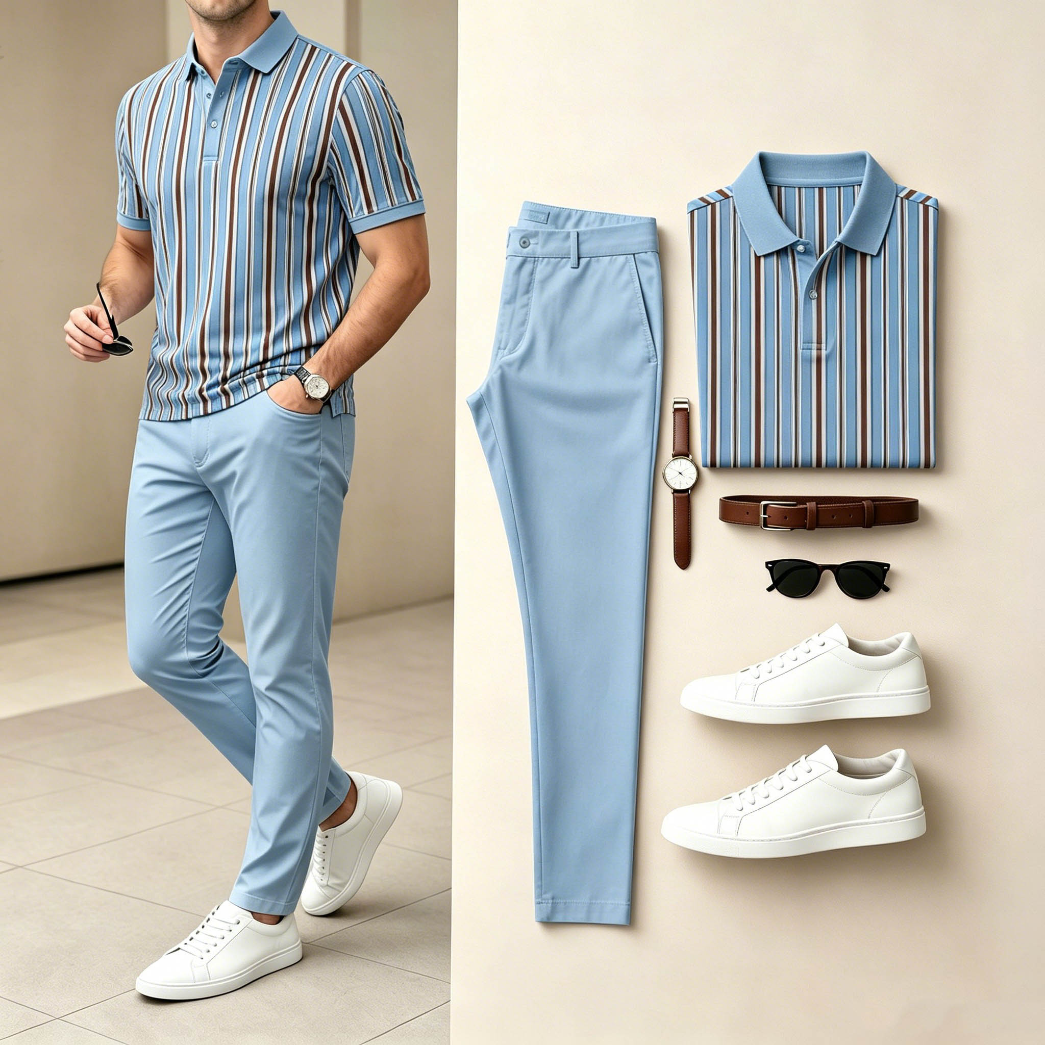 Conjunto de dos piezas casual Blue & Coffee Color Matching a rayas estampado de manga cortas camisa polo & pantalón para hombre