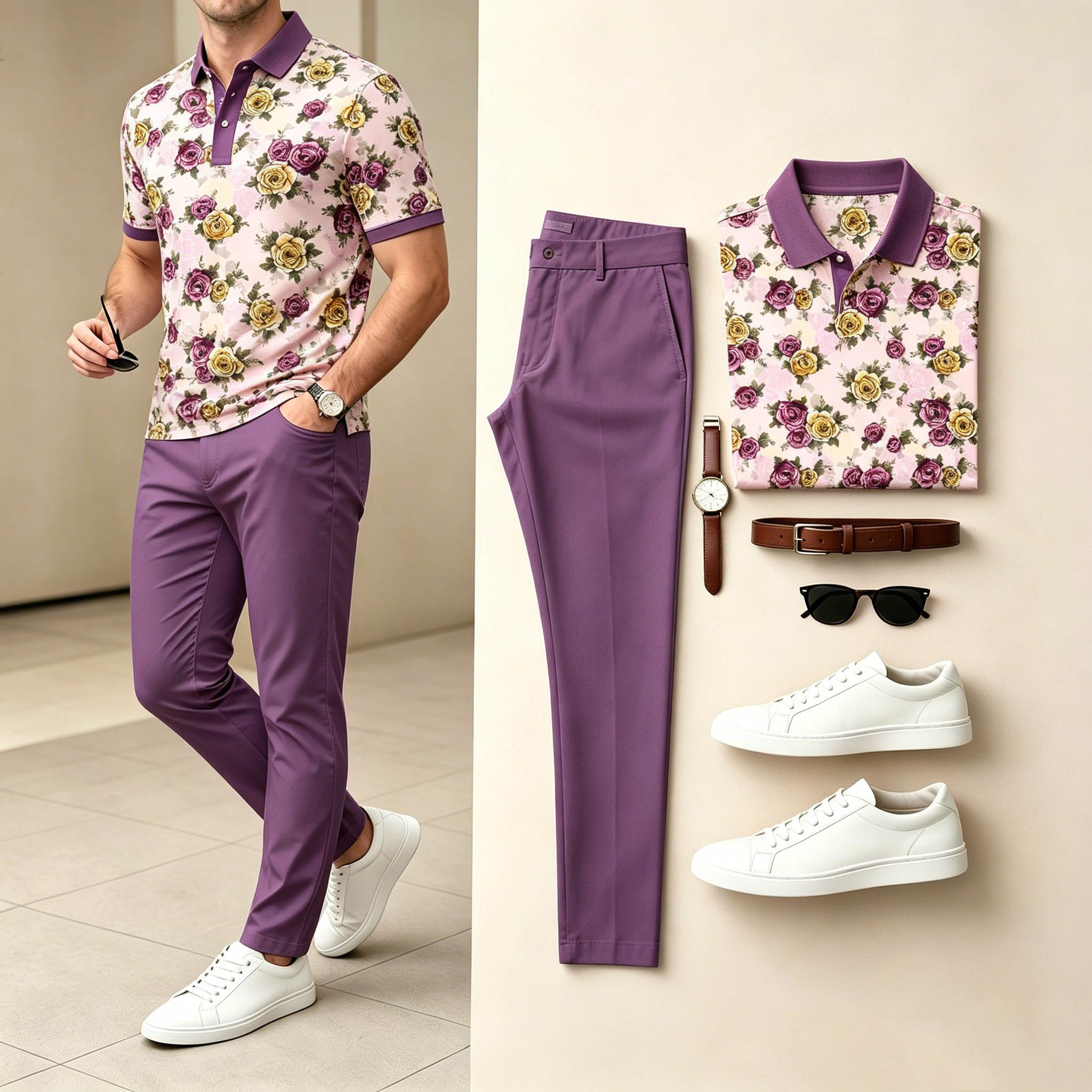 Conjunto de dos piezas casual Purple Color Matching floral estampado de manga cortas camisa polo & pantalón para hombre