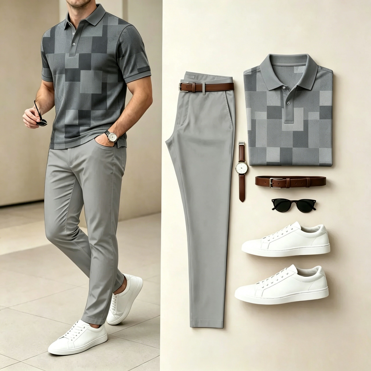Conjunto de dos piezas casual Color a cuadros estampado camisa polo And pantalón para hombre