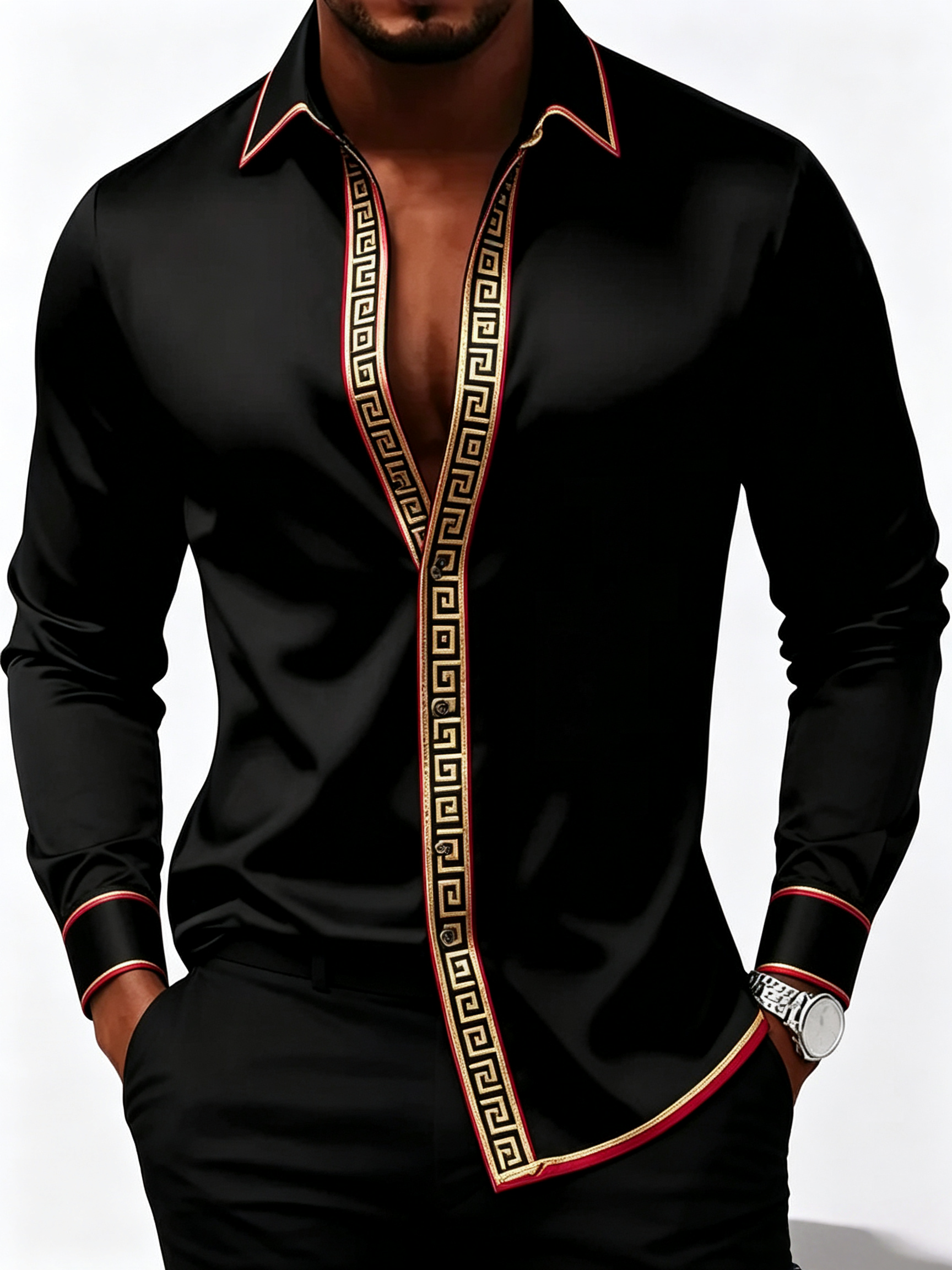 Camisa Black Satin de lujo Party de manga larga para hombre