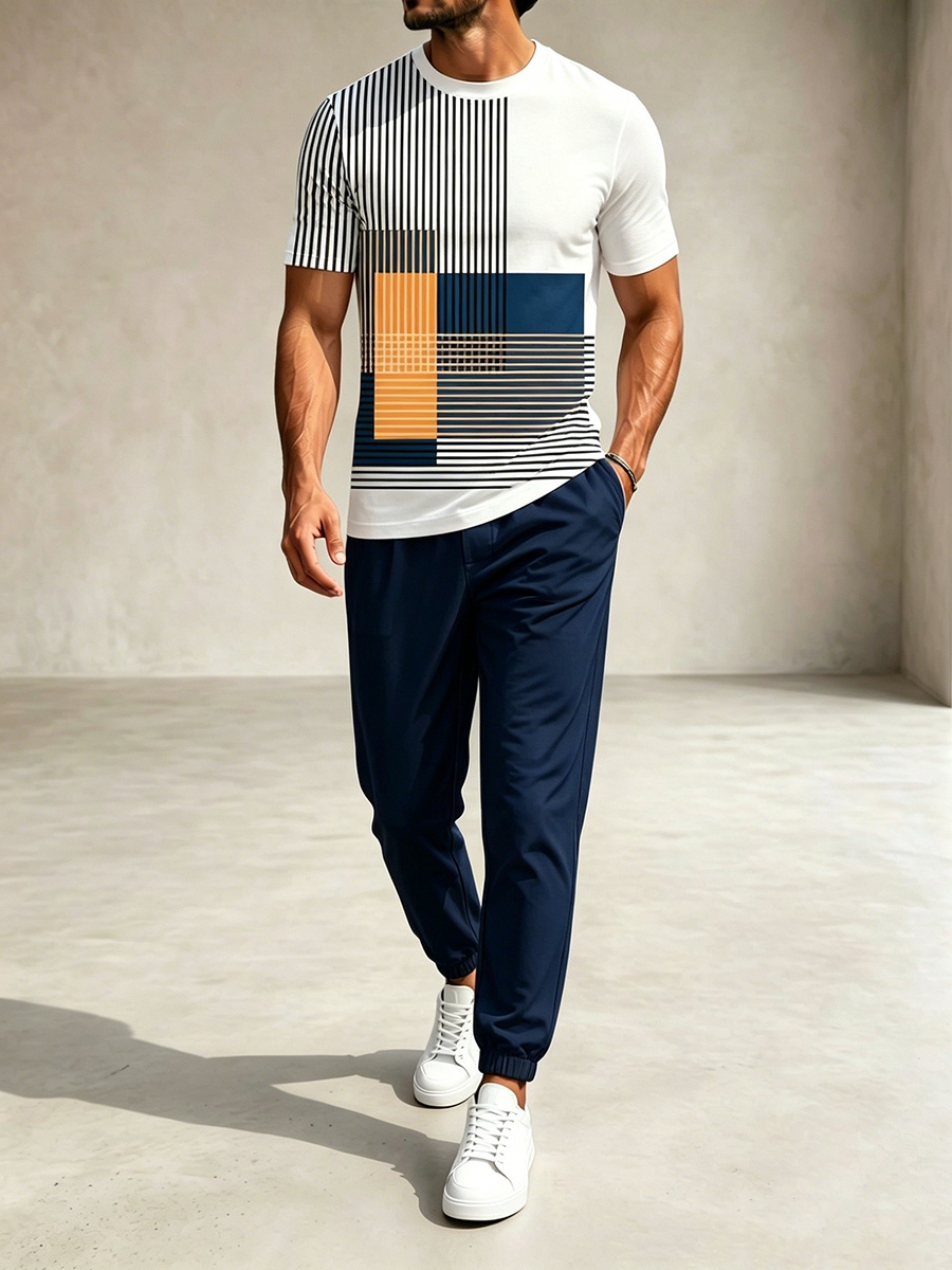 Conjunto de dos piezas casual White & Navy Color Matching Geometric estampado Round Neck camiseta & pantalón para hombre