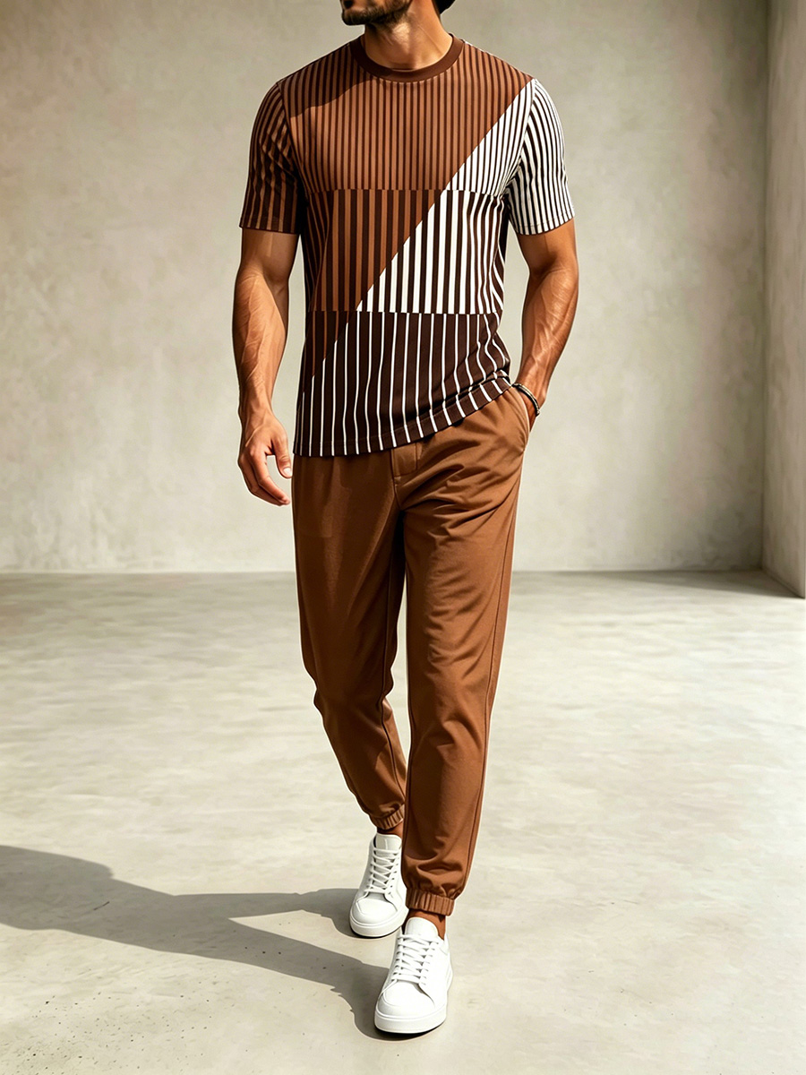 Conjunto de dos piezas casual Coffee & White Color Matching Geometric estampado Round Neck camiseta & pantalón para hombre