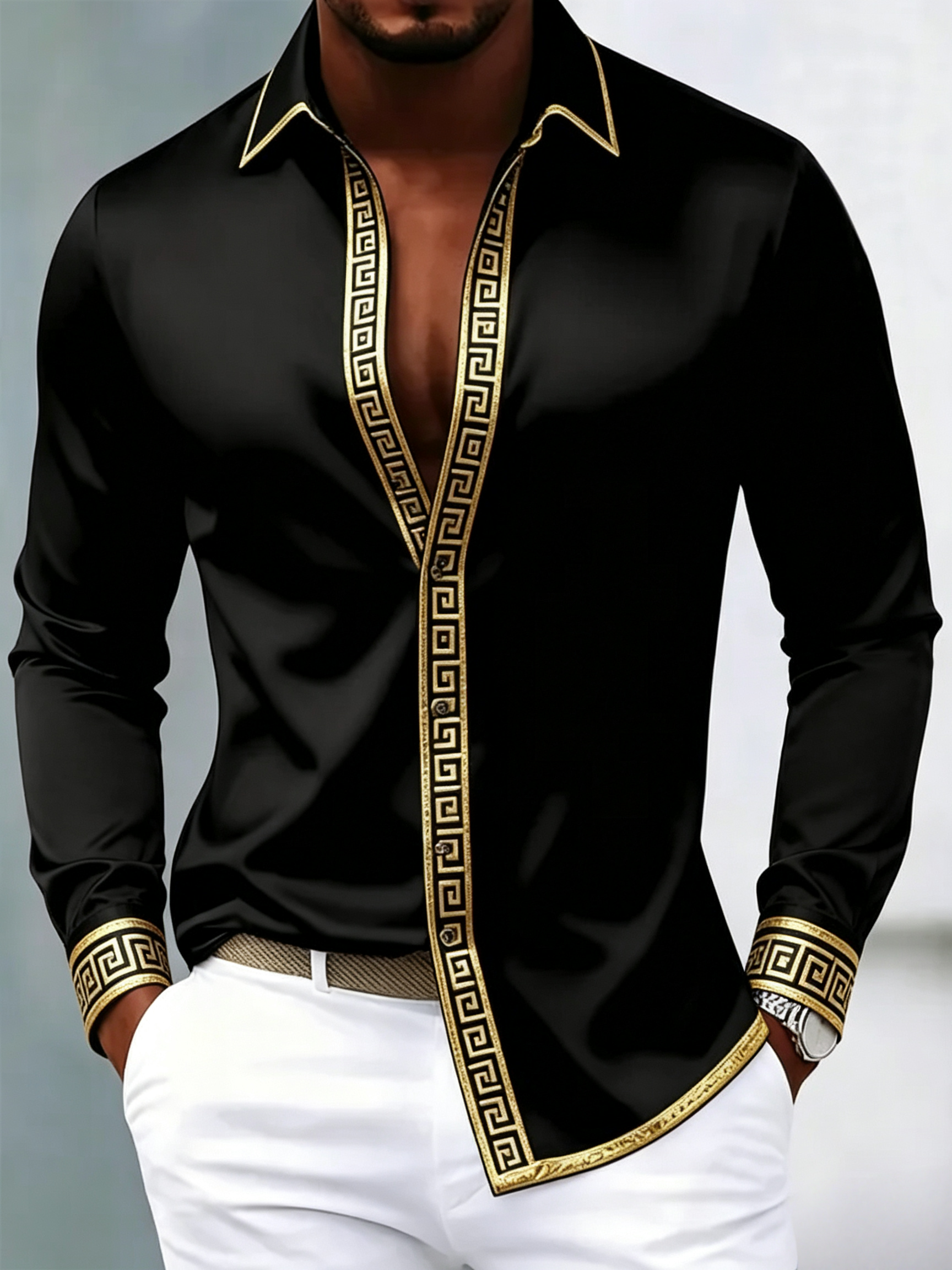 Camisa Slim Gloss de manga larga Geometric Gold Border para hombre