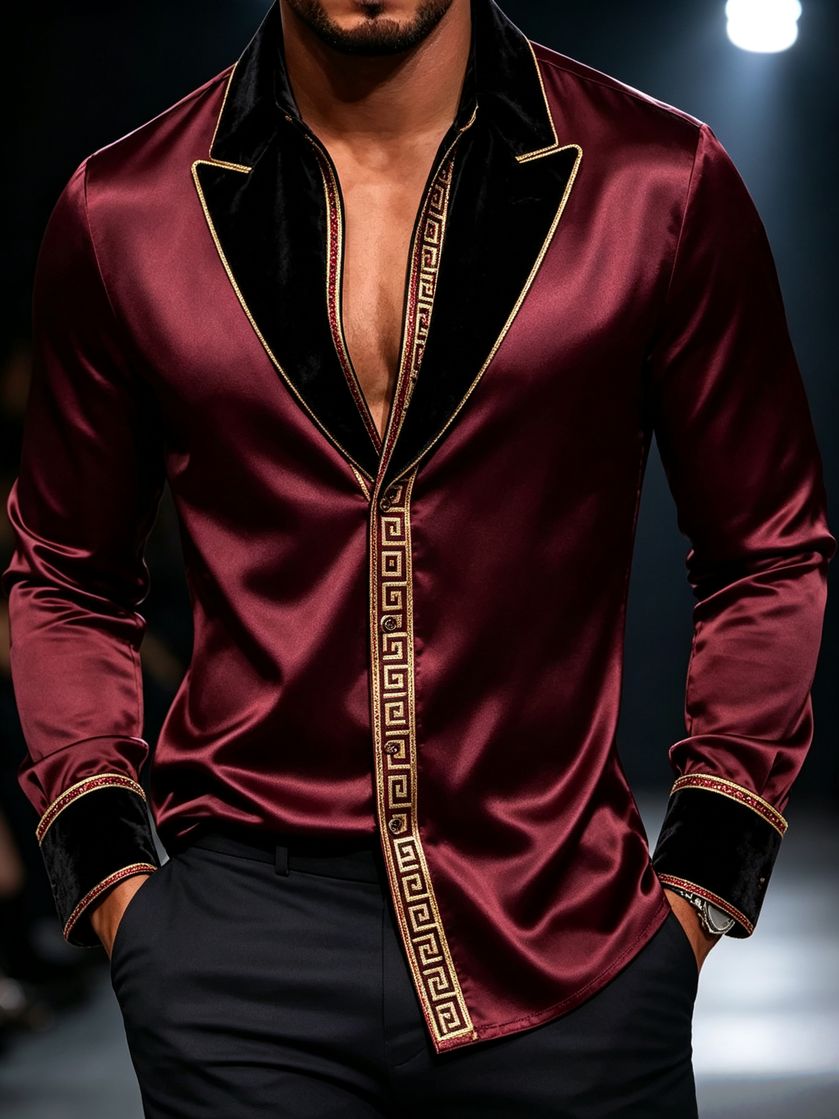 Camisa Burgundy Satin de manga larga Velvet Gold Trim para hombre