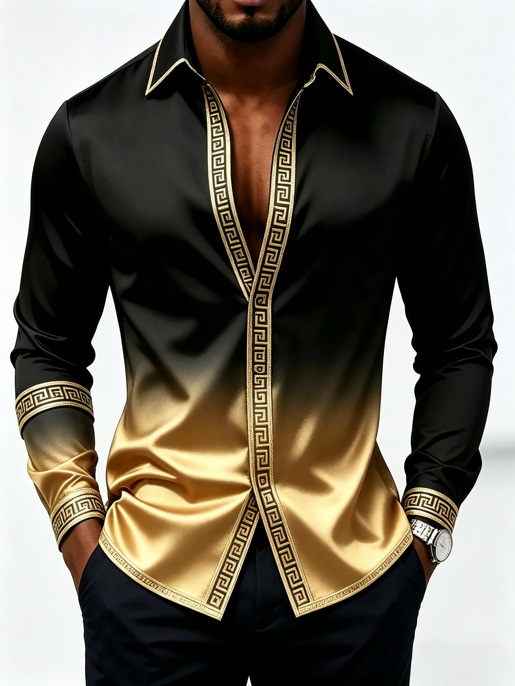 Camisa Black Gold Gloss de manga larga Geometric Border para hombre