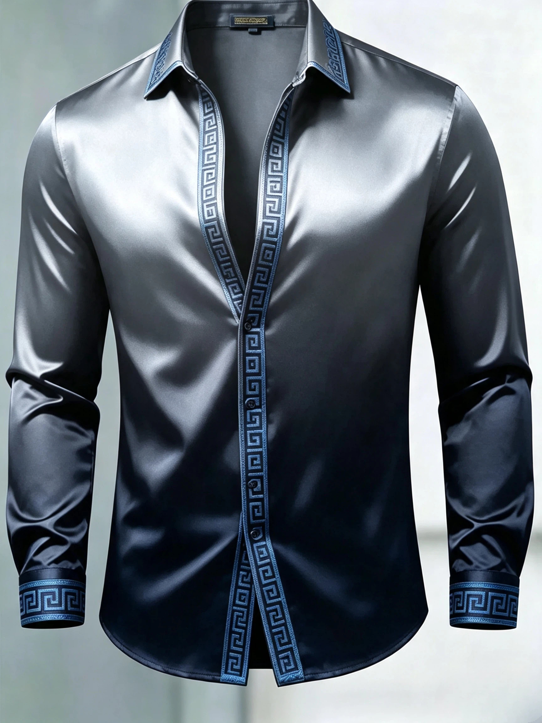 para hombre de lujo Glossy Satin de manga larga Gradient Silver camisa de vestir