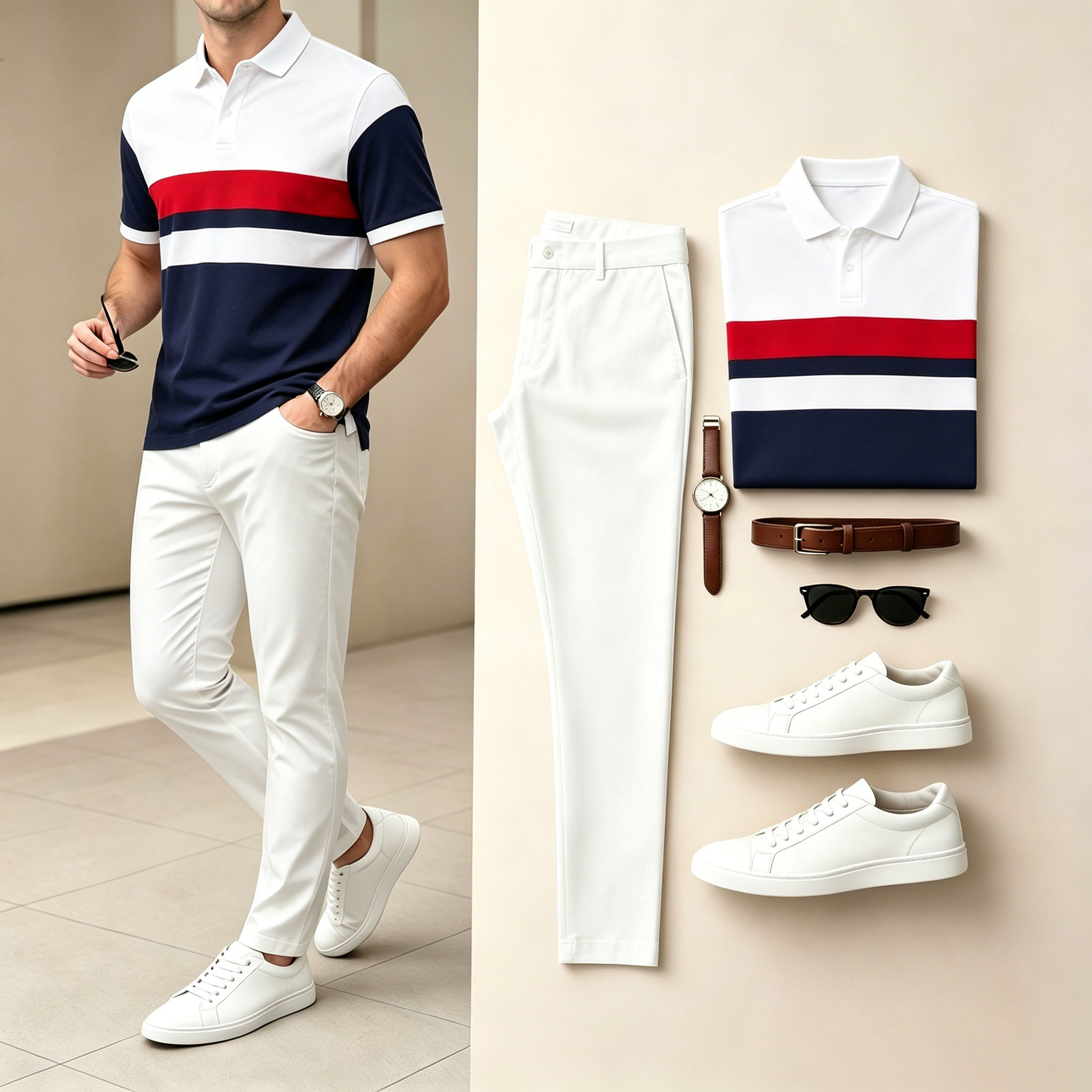 Conjunto de dos piezas White & Navy Color Matching Geometric estampado de manga cortas camisa polo & pantalón para hombre