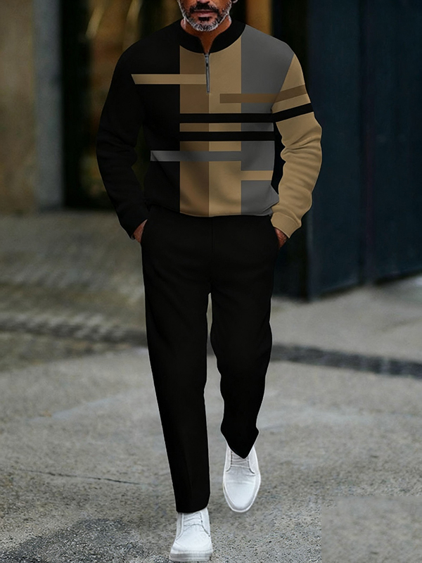 Conjunto de dos piezas de moda casual geometric estampado de manga larga zipper para hombre
