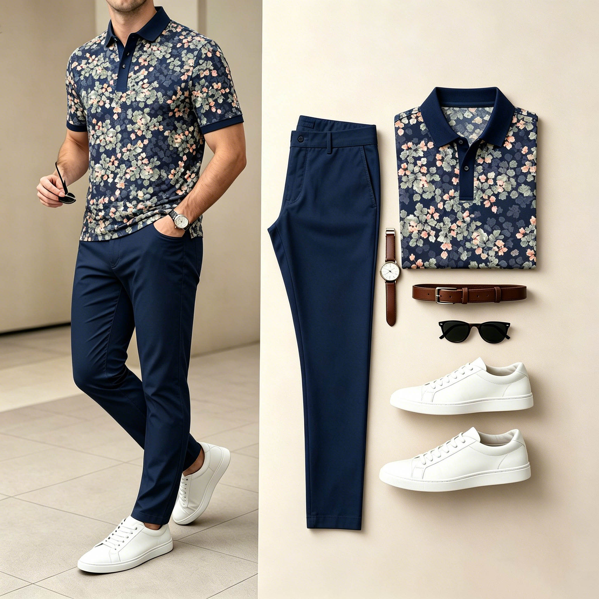 Conjunto de dos piezas casual Navy Blue Color Matching floral estampado de manga cortas camisa polo & pantalón para hombre